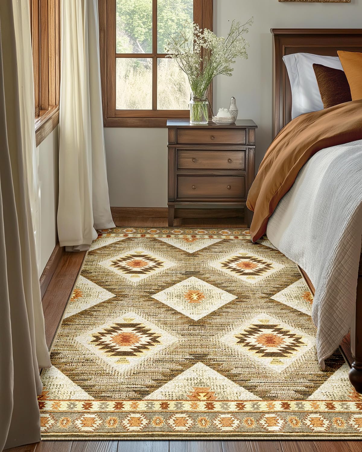 DEFYNEE Teppich Wohnzimmer 120 x 180 cm – Waschbarer Kurzflor Teppich, rutschfest, Vintage & Boho Stil, Pflegeleicht – Für Flur, Wohnzimmer, Schlafzimmer & Esszimmer, Dunkelblau