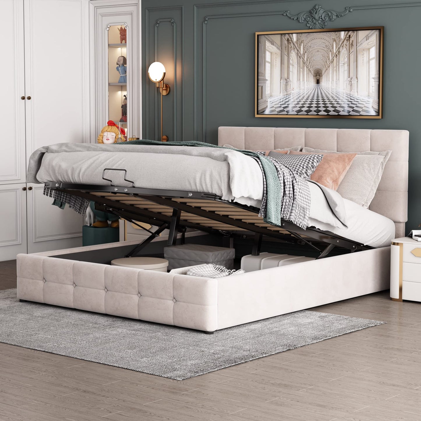 Gegtuon Upholstered Bed 140 x 200 cm, Double Bed with Headboard, Storage Bed Youth Bed with Hydraulic Storage Space Underbed, Functional Bed, Guest Bed, Bed Frame, Slatted Frame, Without Mattress,