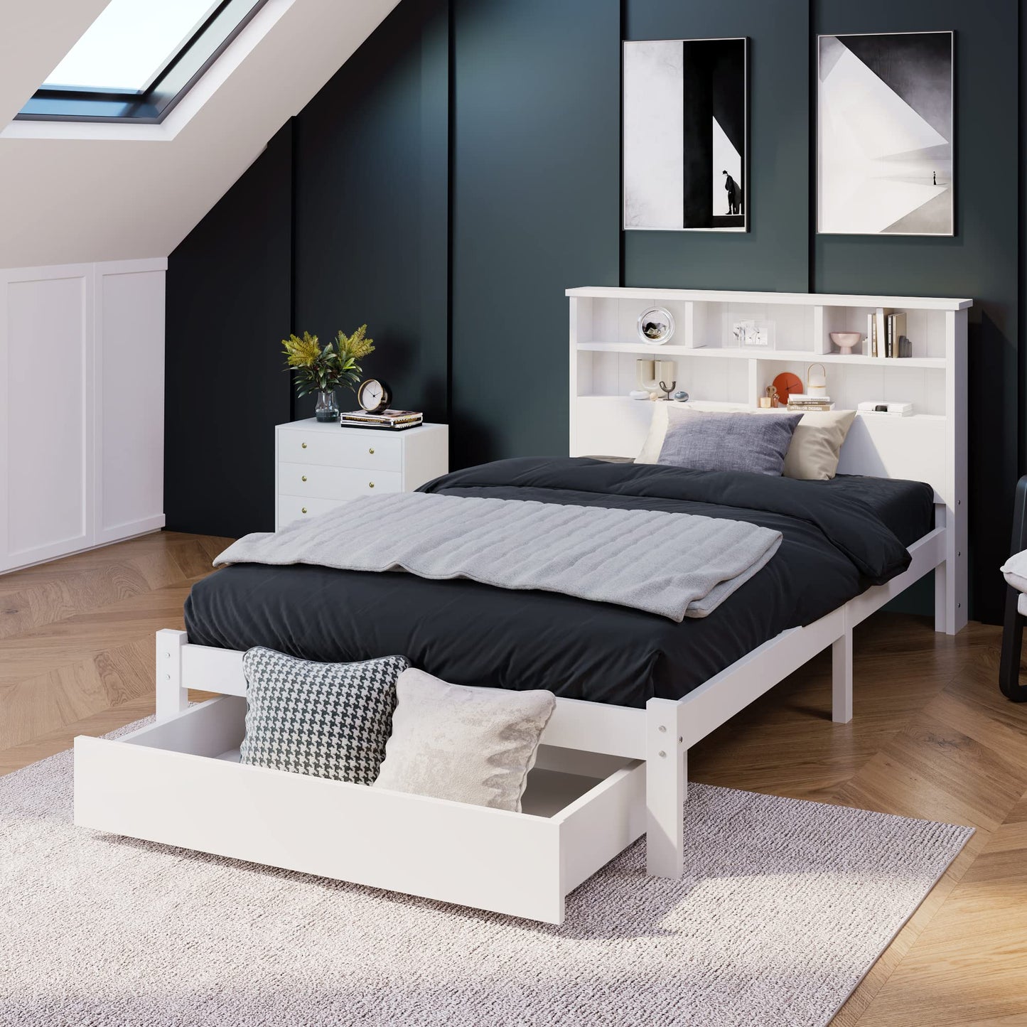 RIAZOS Kinderbett Holzbett 90x200 cm, Massiveholz Einzelbett mit Schreibtisch und Schubladen, Stauraumbett mit Lattenrost, für Jungen & Mädchen, ohne Matratze, Weiß