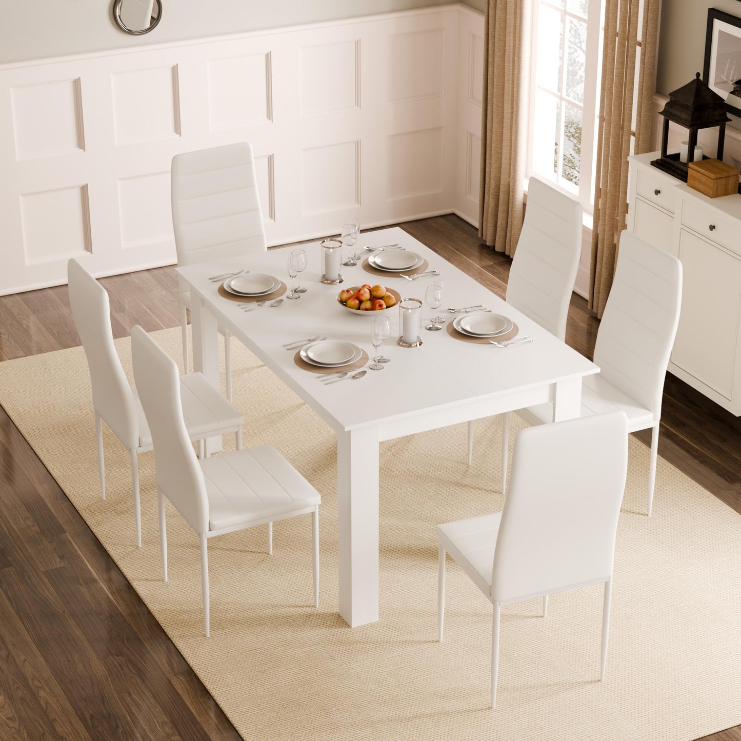 Mondeer Dining Table with 6 Chairs Set, Dining Set with High-Backed Chair, Faux Leather Chair for Kitchen, Dining Room, Living Room, W138 x D90 x H75 cm, White and Grey