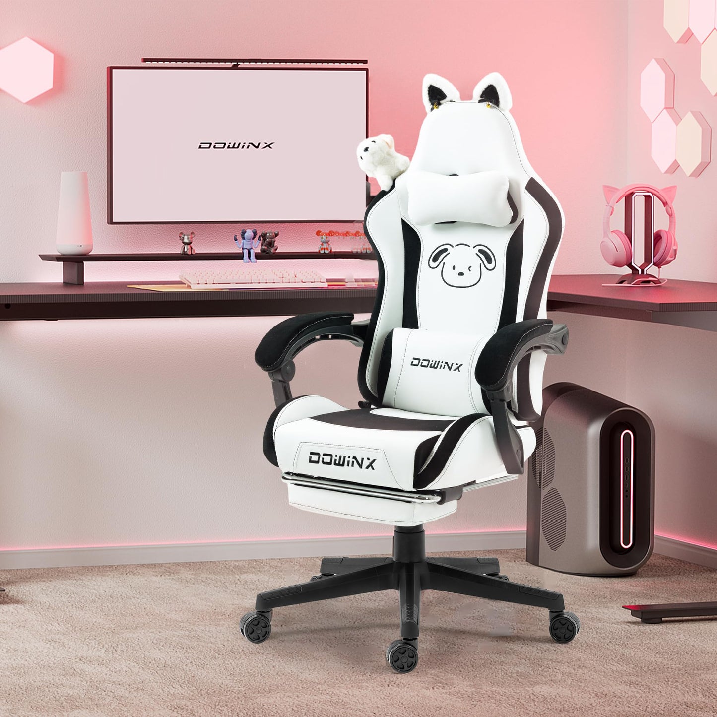 Dowinx Gaming Chair - Cute Cat Edition - Ergonomic Computer Chair with High Back and Lumbar Support, PU Leather, Footrest, Black