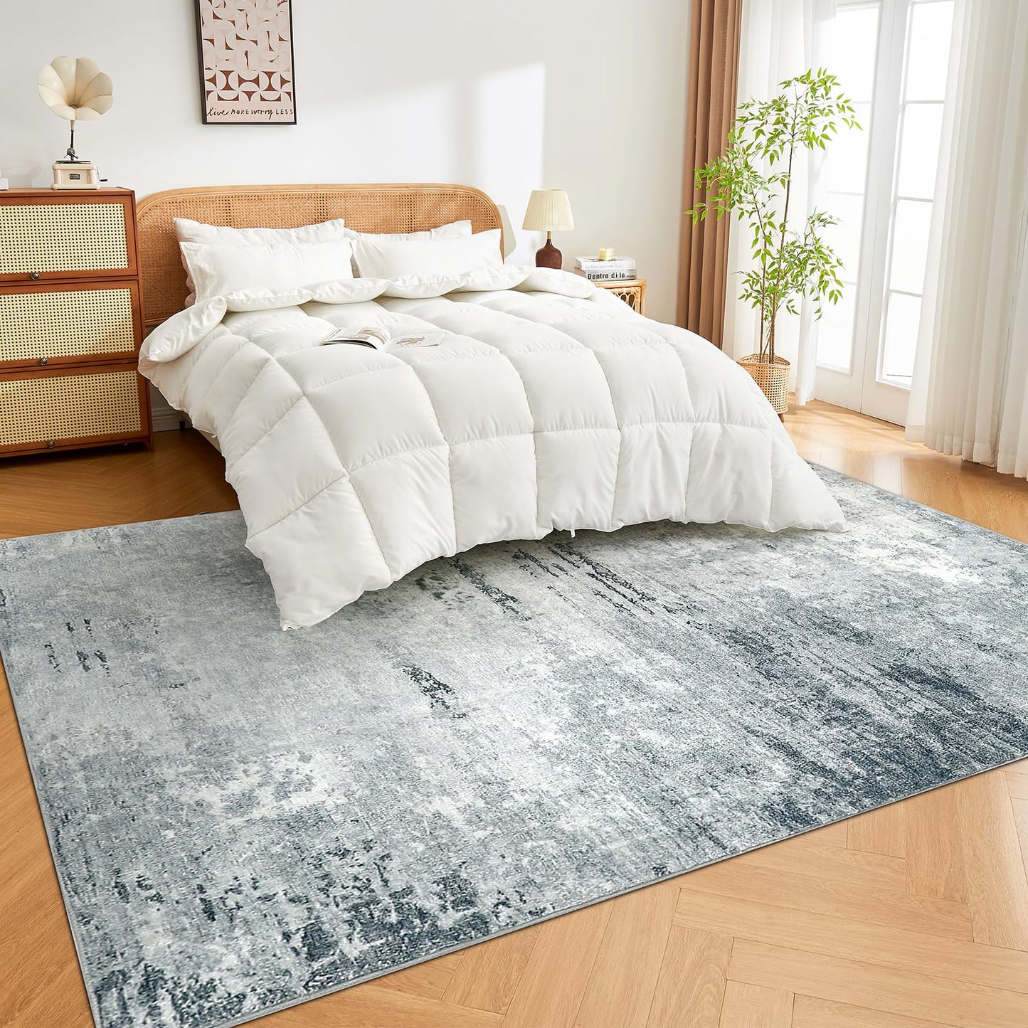 Guchuang Bedding Living Room Rug 140 x 200 cm, Grey Green Rug Vintage Mottled Smudged Design Short Pile Rugs, Washable Non-Slip Rugs for Bedroom