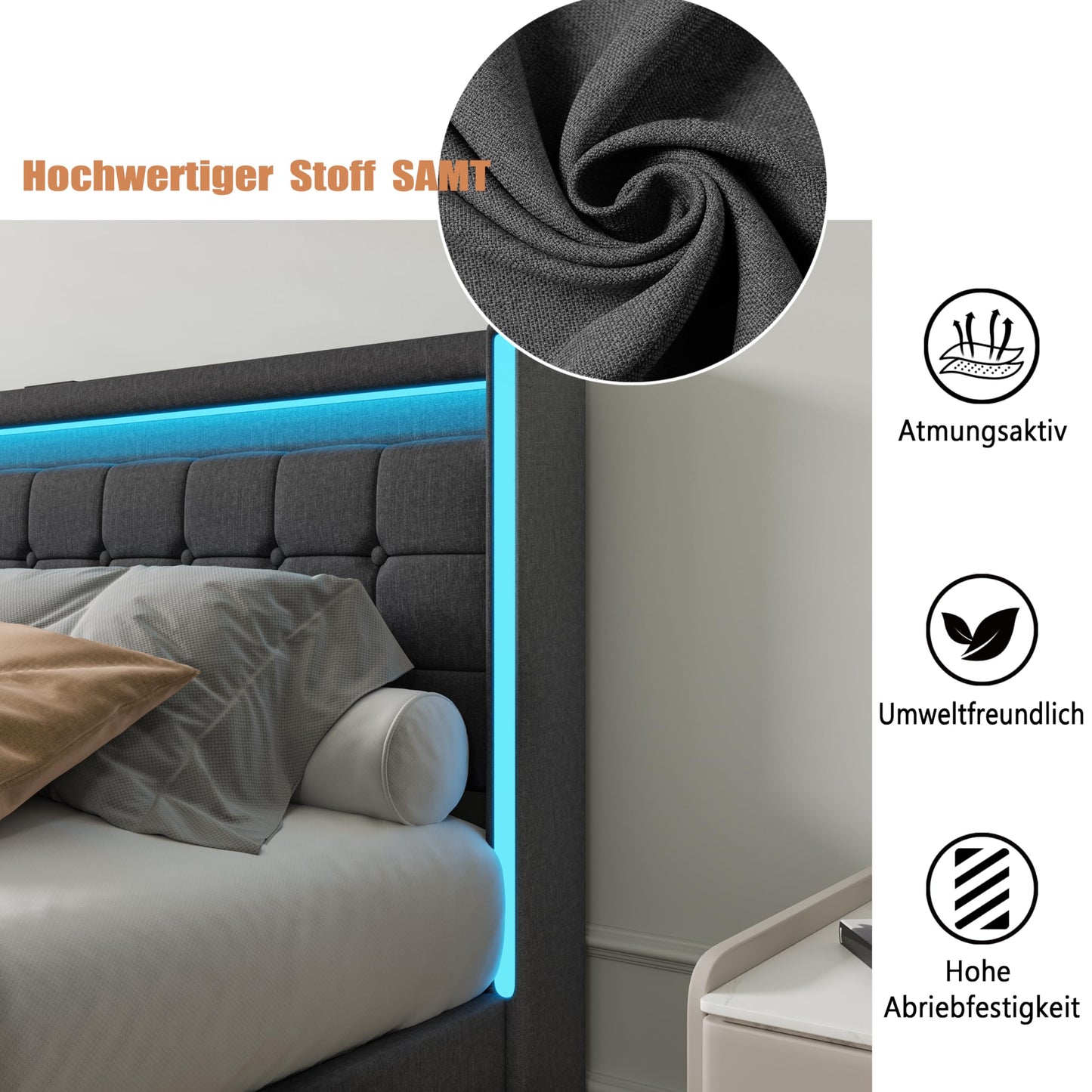 KeepGoon Doppelbett 140 x 200 cm,Polsterbett mit LED-Leuchten, 4 Eisenschubladen und einem USB Ladeanschluss,Stauraumbetten Bettgestell,Leinenstoff (Beige)