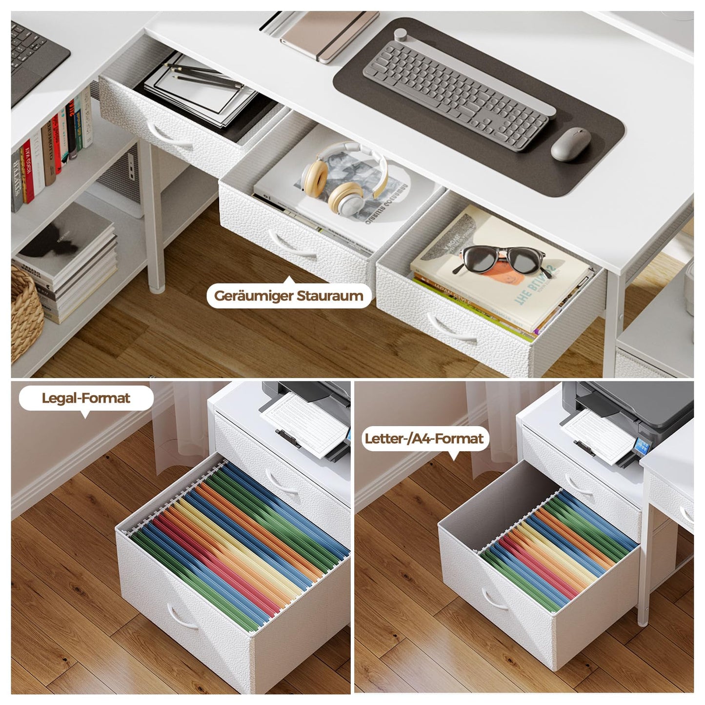Seventable Schreibtisch L Form, Computertisch mit Steckdose, LED & Monitorständer, Reversibel Eckschreibtisch mit Schubladen, perfekt für Schlafzimmer Büro Wohnzimmer