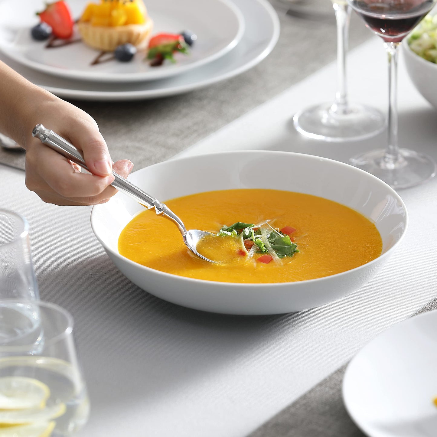 MALACASA Geschirrset 6 Personen, Amelia 24-tlg Modernes Porzellan Geschirr Set, Tafelservice mit je 6 Speiseteller, Dessertteller, Suppenteller und Müslischalen, Teller Set 6 Personen - Weiß