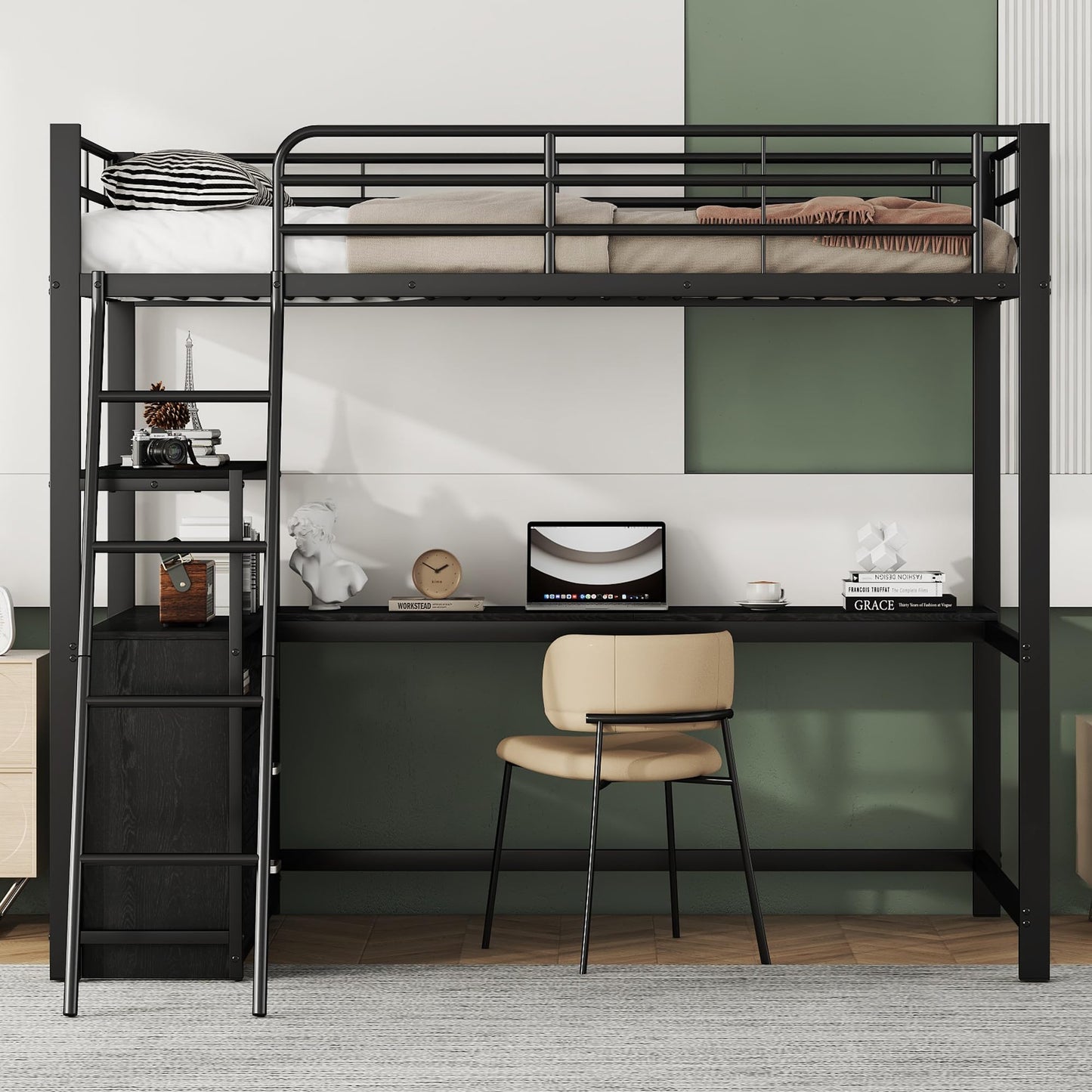 Merax Kinderbett Hochbett 90x200 cm Metallbett mit L-förmigem Schreibtisch, 2 Schubladen und Regal, Bettgestell mit Lattenrost (ohne Matratze) für Kinder/Erwachsene, Schwarz