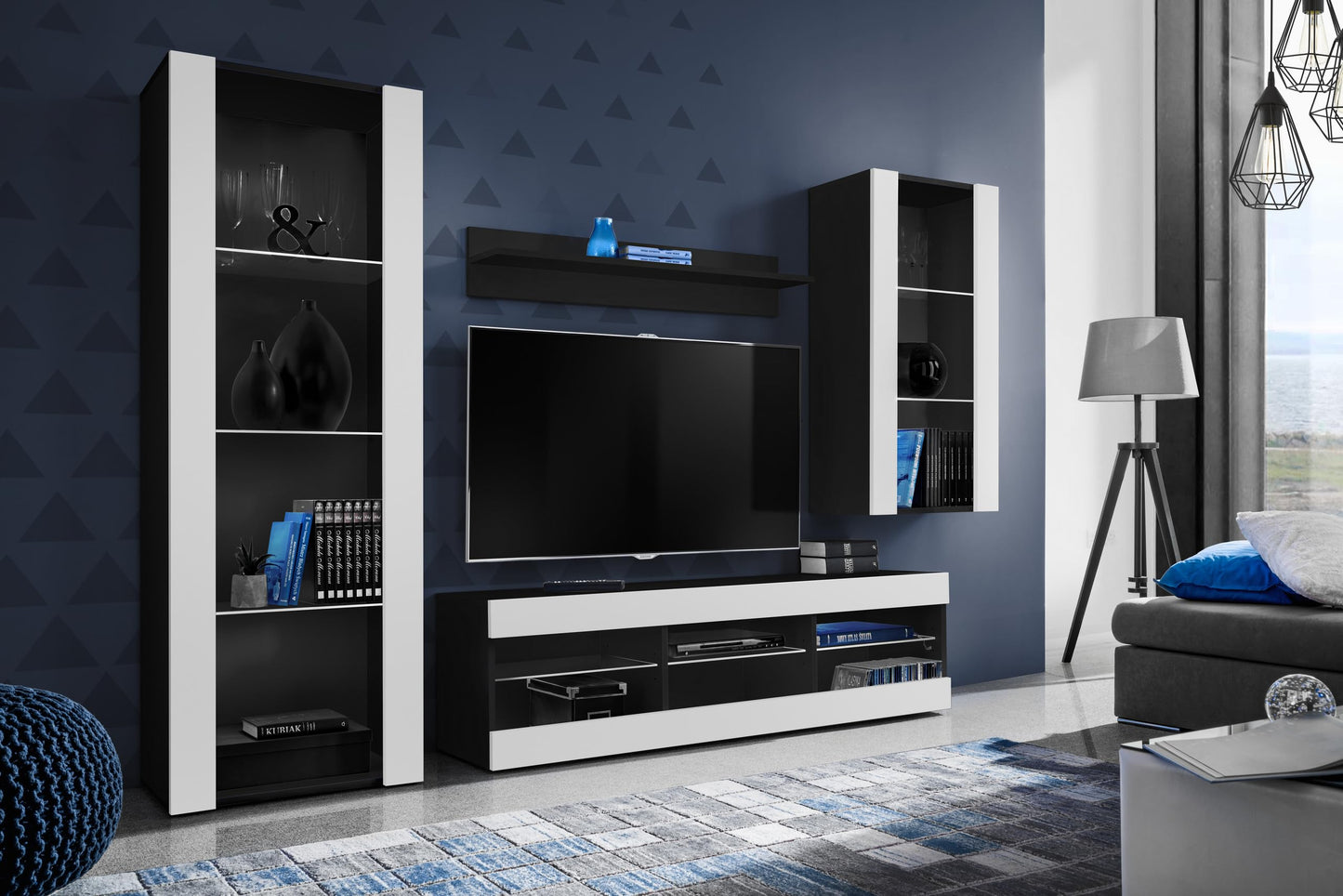Komodee Tivoli Medio Wall Unit Living Room Set, Black/Black, Width 245 cm x Height 159 cm x Depth 35 cm, LED Blue, for Living Room, Bedroom