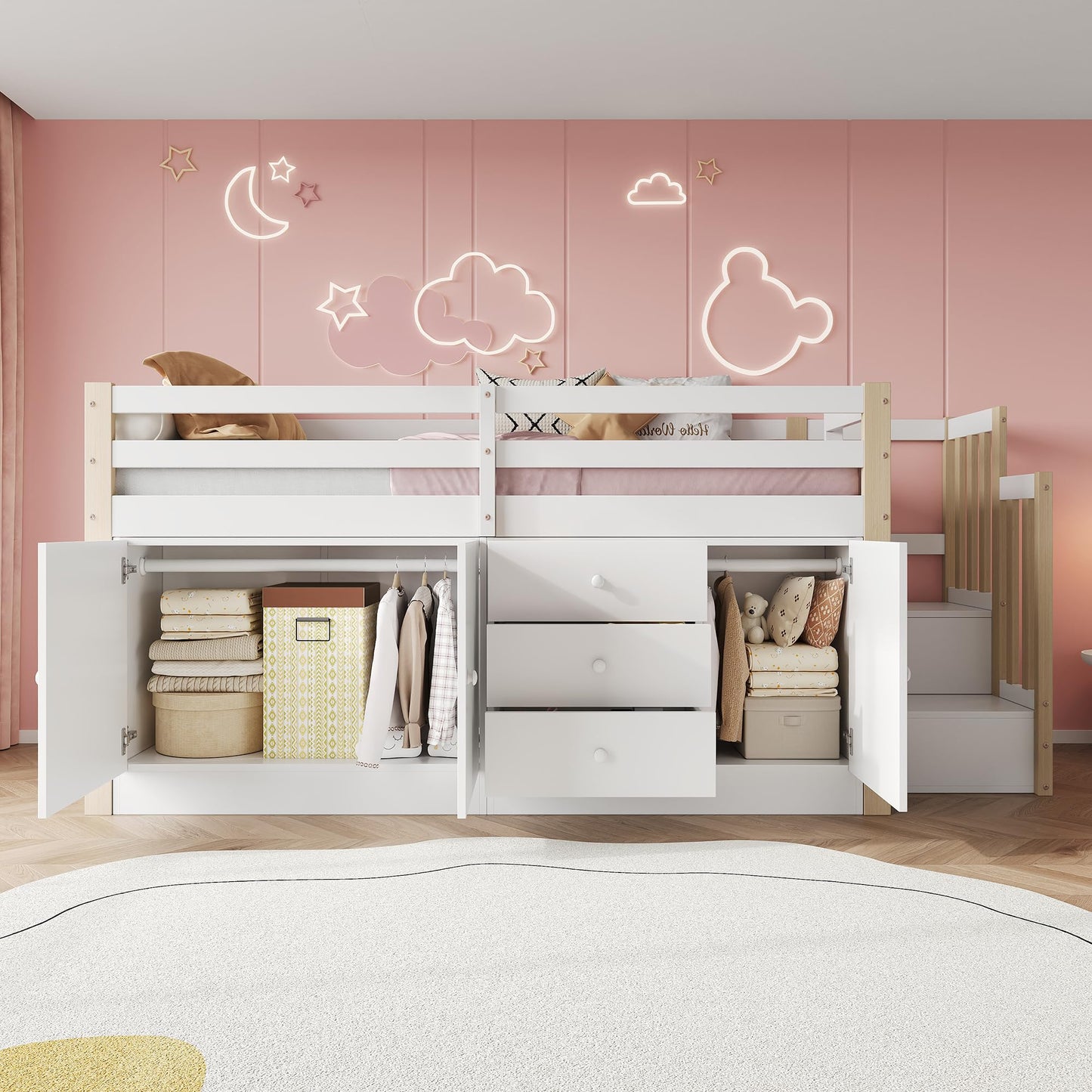 Merax Kinderbett 90x200 cm aus Holz, Multifunktionales Hochbett mit austauschbarer Treppe & Stauraum, Schubladen als Schreibtisch nutzbar, Weiß (Ohne Matratze)