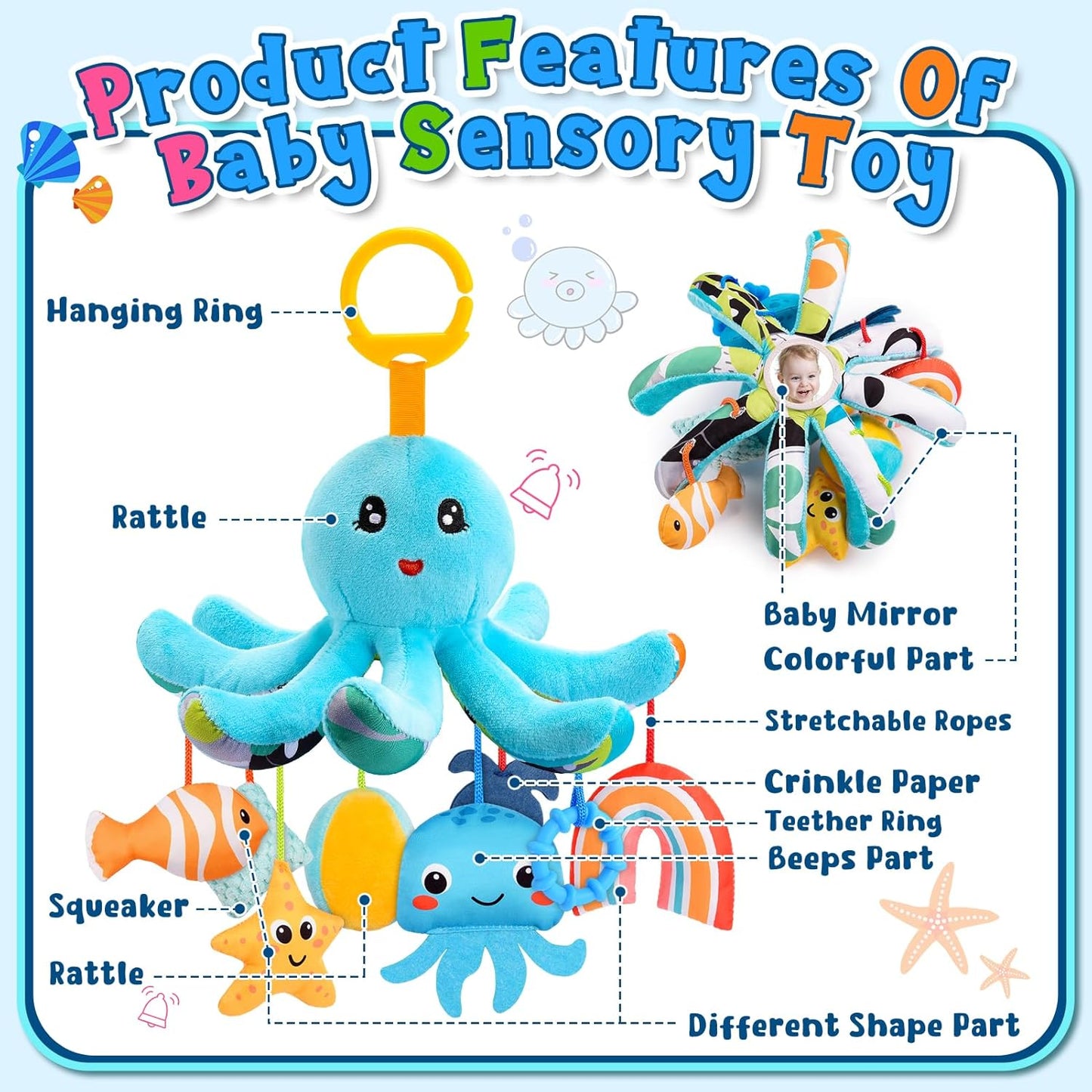 HappyKidsClub Plush Octopus Baby Toy 0-18 Months - with 8 Hanging Sensory Toys & Mirror - Baby Montessori Motor Skills Toy for Pram, Cot (Washable, Organic Cotton)