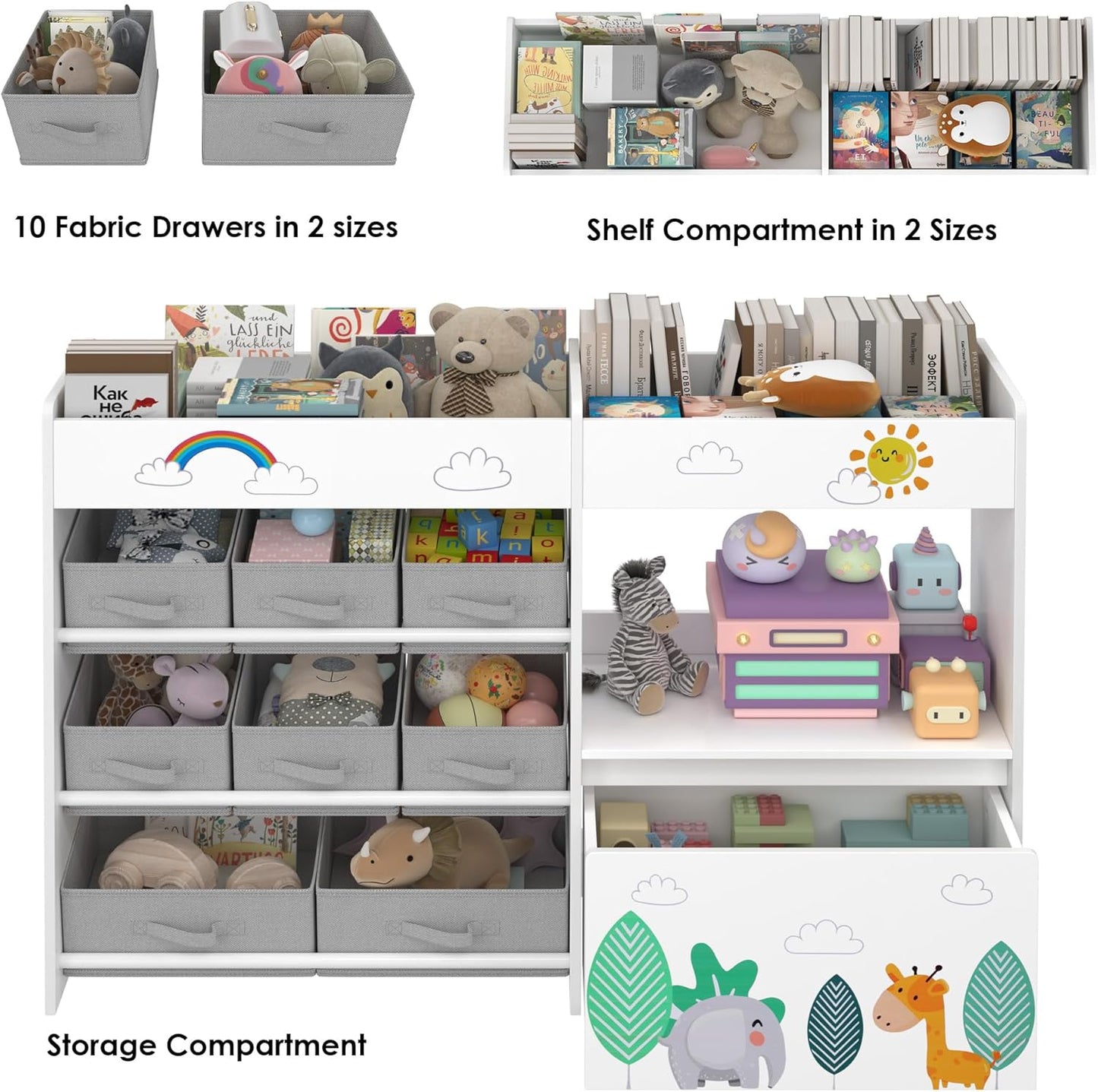 HOCSOK Spielzeugregal, Kinderregal mit 10 Stoff Aufbewahrungsboxen, Bücherregal, Spielzeugkiste auf Rollen, Spielzeug-Organizer im Kinderzimmer, Weiß
