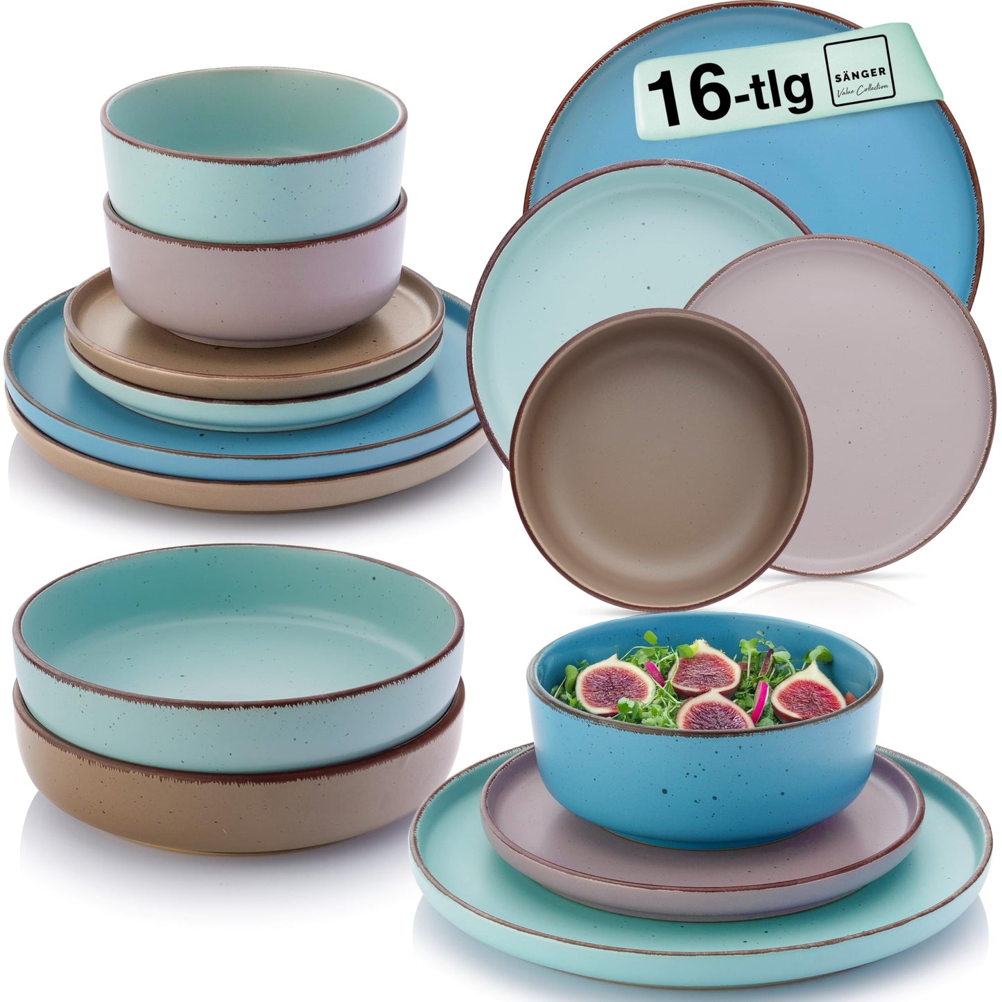 SÄNGER Bombay Seabed Crockery Service 20 Pieces, Stoneware Crockery for 4 People, 4 x Dinner Plates, 4 x Dessert Plates, 4 x Bowls, 4 x Pasta Plates, 4 x Coffee Mugs, Plate Set Colourful Value