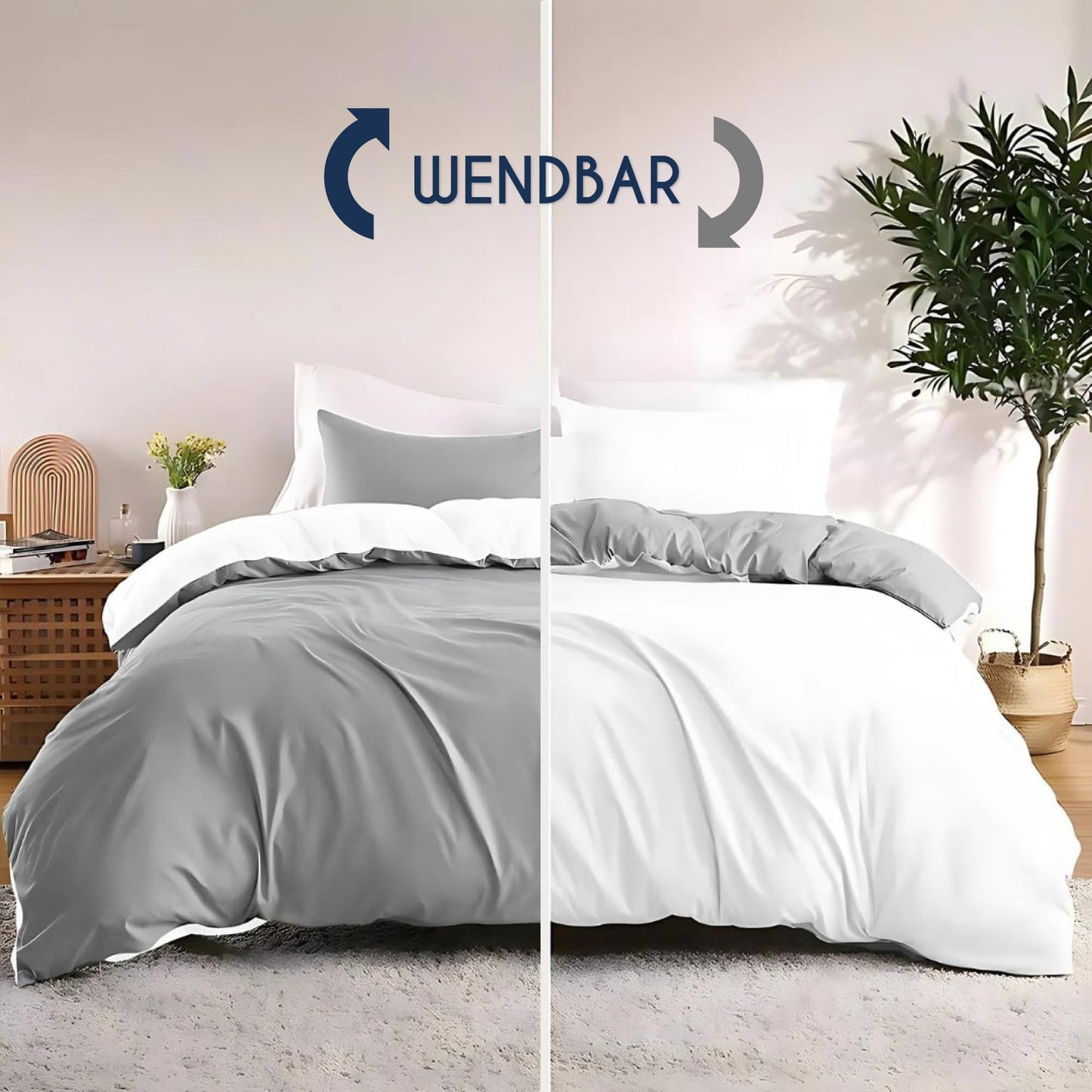 Dreamzie - Bed Linen Set 200 x 200 cm with 2 Pillowcases 80 x 80 cm Light Grey/White - 1 Duvet Cover 200 x 200 cm Made of 100% Microfibre - Certified No Chemicals (Oeko Tex)
