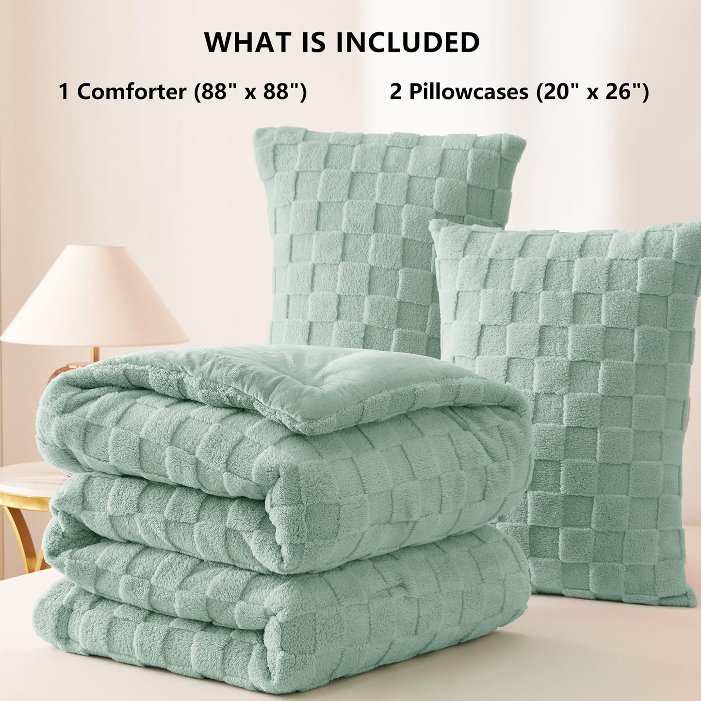 CozyLux Queen Size Comforter Set Blush Pink, Fluffy Plush Fleece Comforter with Checkered Pattern, Farmhouse Boho Soft Warm Bed Set, 3 Pieces, 1 Comforter and 2 Pillowcases