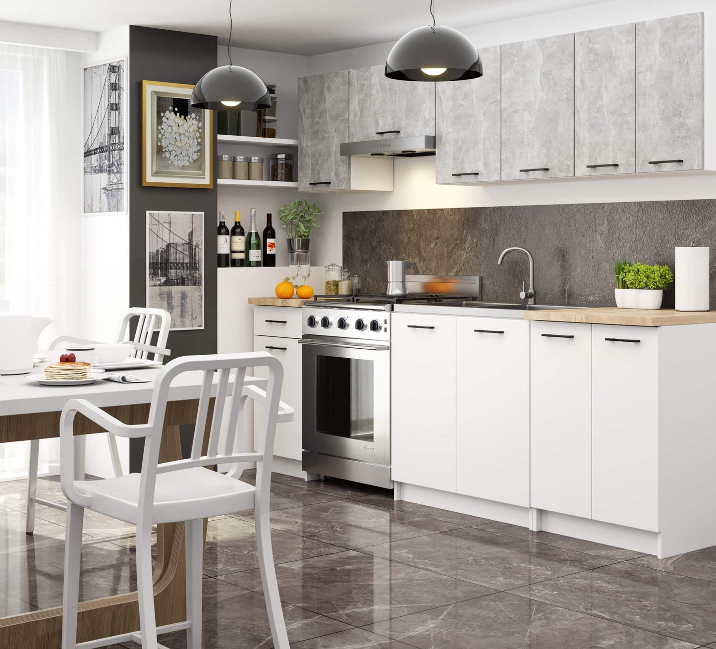 AKORD Küchenmöbel-Set OLIWIA 2.4m Modulares 240 cm 11 Türen 1 Schublade, Küche Komplett, Kitchen Cabinet Set, Küchenschränke, Standschränke, B240xH203xT46 cm, Beton & Beton