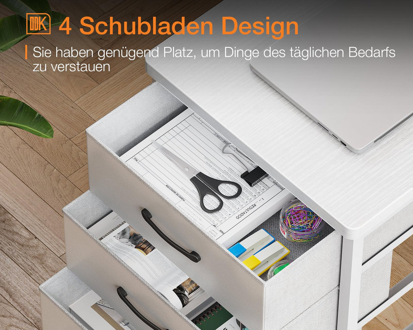 ODK Corner Desk with 4 Fabric Drawers, 140 x 80 cm, Desk L Shape Reversible with USB Charging Port and Socket, L Shaped Desk with Monitor Shelf for Home Office, White