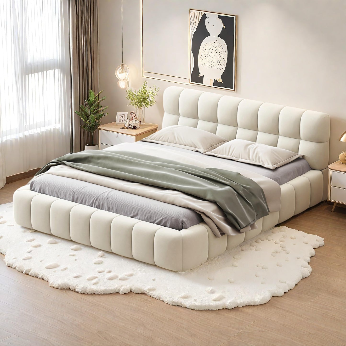 DULRLLY Bubble Bett Polsterbett 140x200 cm,Doppelbett mit Lattenrost, Jugendbett mit Gepolstertes Kopfteil, Gepolstertes Bett für Schlafzimmer und Gästezimmer,ohne Matratze, Leinenstoff (Weiß)
