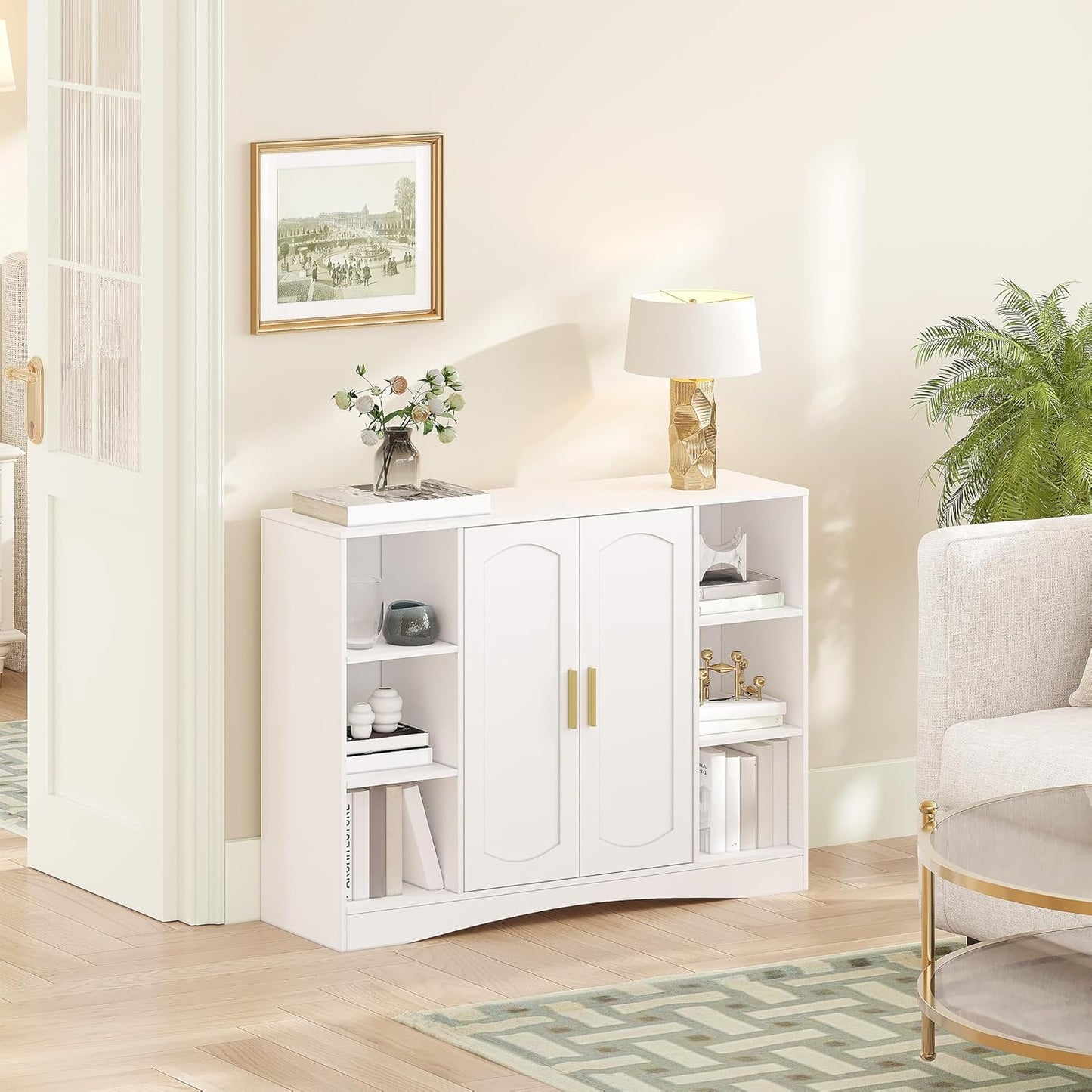 HEXCELEN Bathroom Cabinet, Storage Cabinet with 2 Doors, Side Cabinet, Kitchen Cabinet with Open Compartment, Adjustable Shelf, Bathroom Cabinet, for Bathroom, Living Room, Kitchen, White, 30 × 100 ×