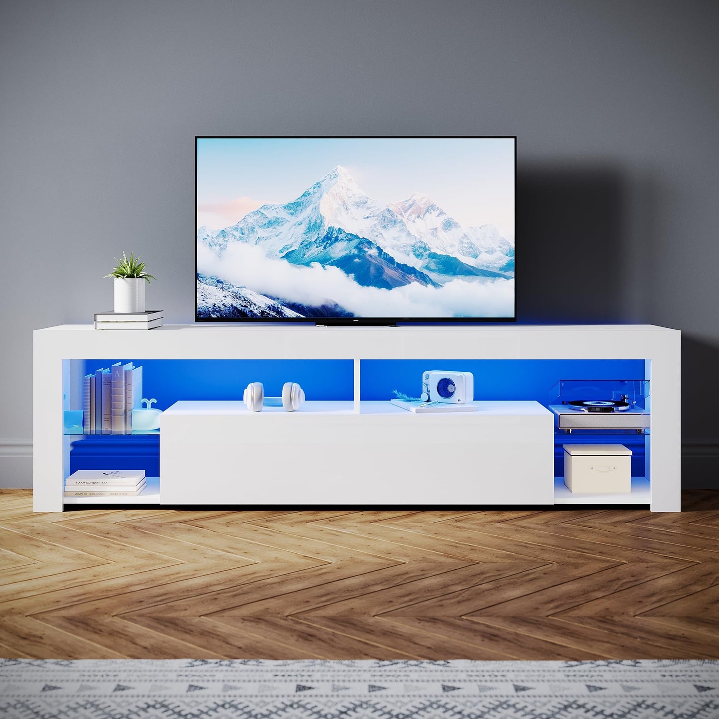 SONNI Modern TV Cabinet 180 cm, Lowboard High Gloss White with 16 Colours LED Lighting, Drawer, Open Glass Shelves, TV Stand for TVs up to 65 Inches, Living Room & Bedroom, 180 x 35 x 45 cm