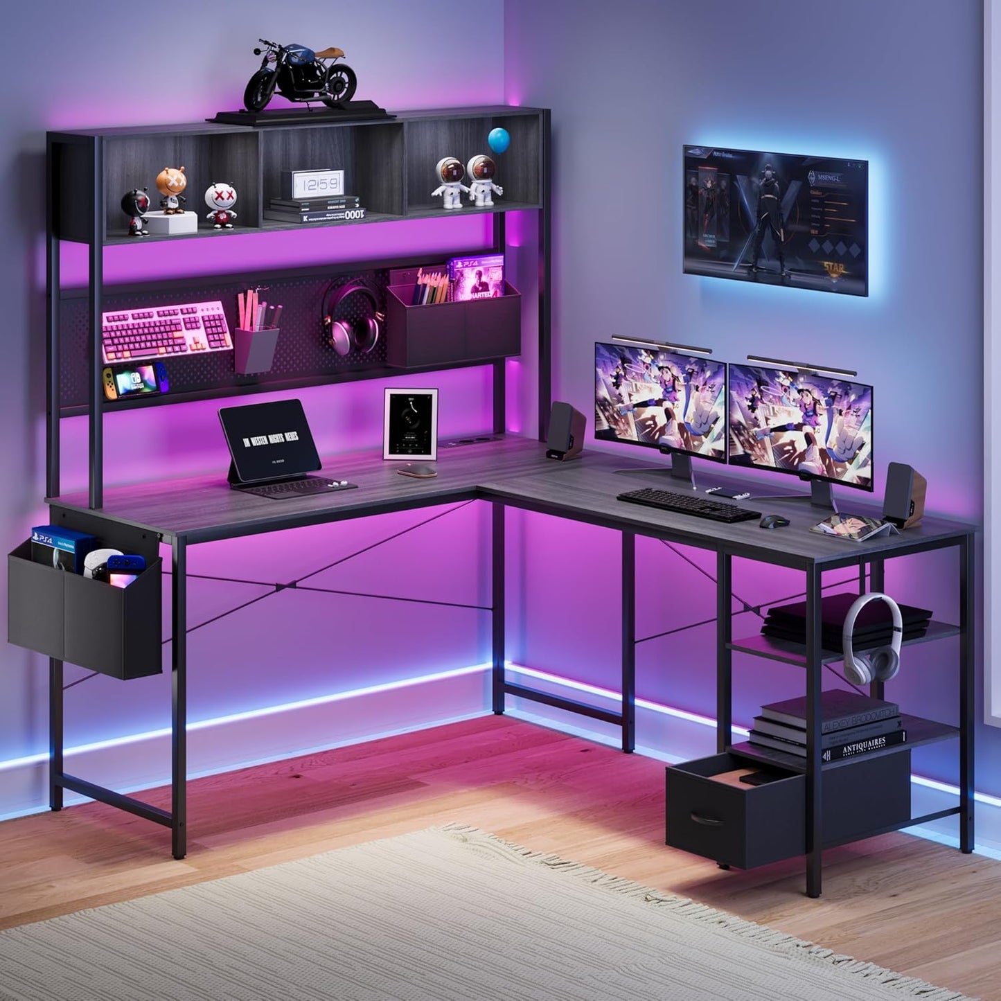 Dowinx LED Gaming Table, L-Shaped Desk with Pegboard and Storage Space, Reversible Computer Desk with Sockets and USB, Office Corner Desk for Home Game, Grey, 120 x 148 cm