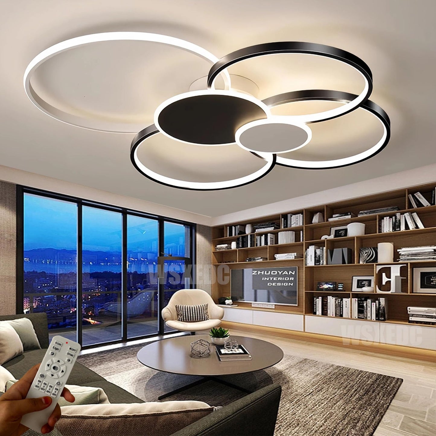 Dimmbare LED 6 Ring Wohnzimmerleuchte LED-Deckenleuchte moderne kreative Deckenbeleuchtung Innenbeleuchtung für die Augenpflege Für Schlafzimmer Büro Esszimmer Jugendzimmer (Weiß, L80cm 71W)