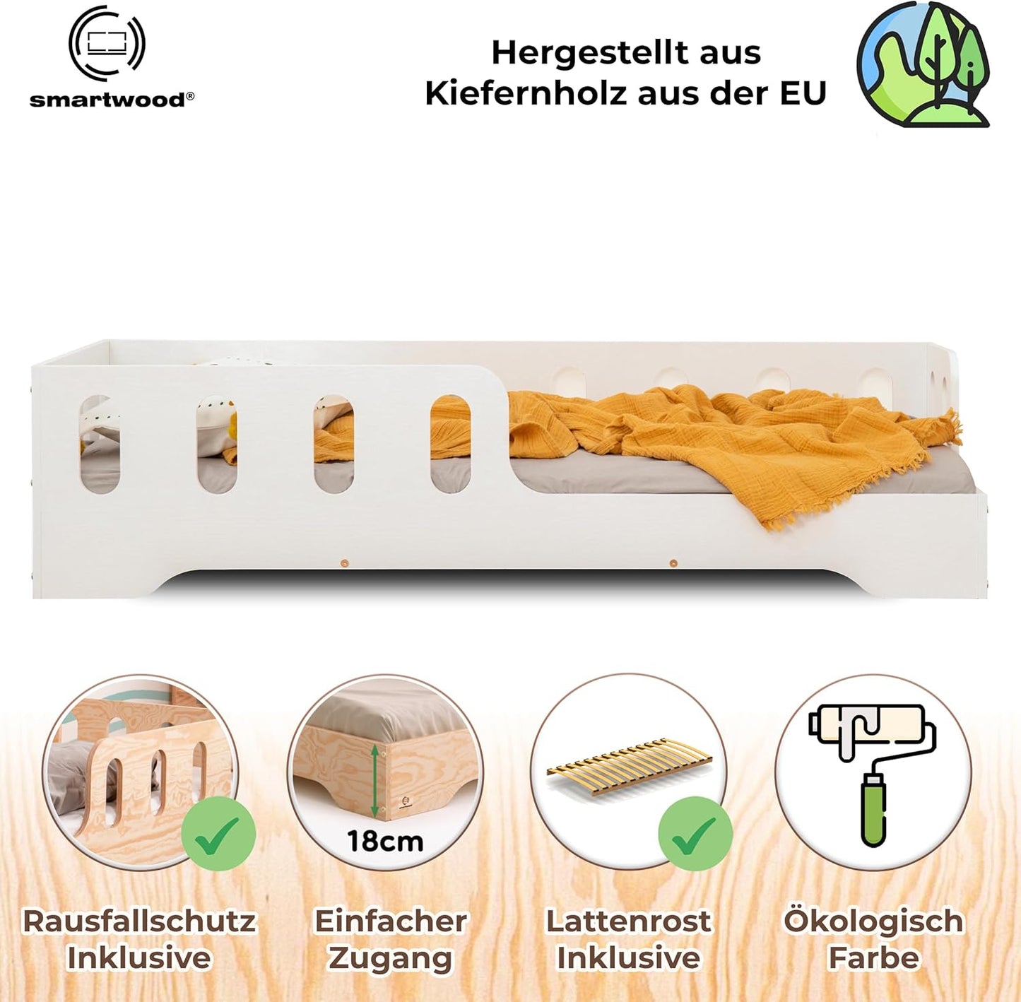 smartwood Kinderbett 80x160 Montessori Bett mit Rausfallschutz & Lattenrost - Kiefernsperrholz mit FSC-Zertifikat - für Jungen und Mädchen - Einfache Montage - TILA 1L