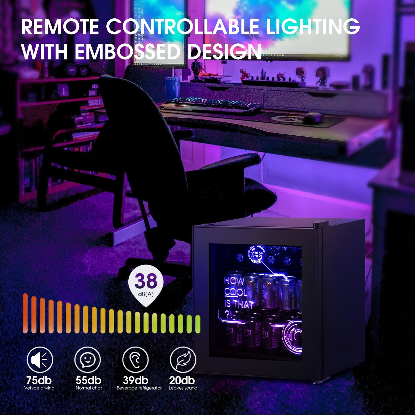 HCK 98L Getränkekühlschrank mit Cyberpunk RGB Beleuchtung, Minibar kleine Kühlschrank mit Glastür, lautlos 39dB, 0-15°C, Bierkühlschrank für Spielzimmer, Küche, Schwarz