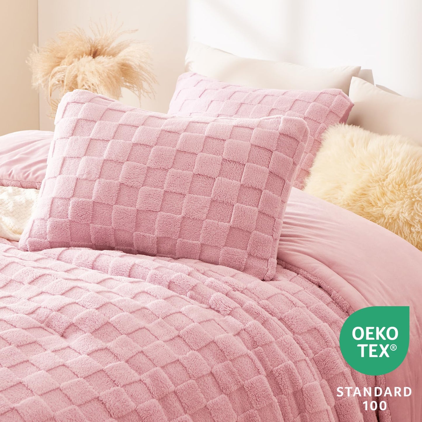 CozyLux Queen Size Comforter Set Blush Pink, Fluffy Plush Fleece Comforter with Checkered Pattern, Farmhouse Boho Soft Warm Bed Set, 3 Pieces, 1 Comforter and 2 Pillowcases