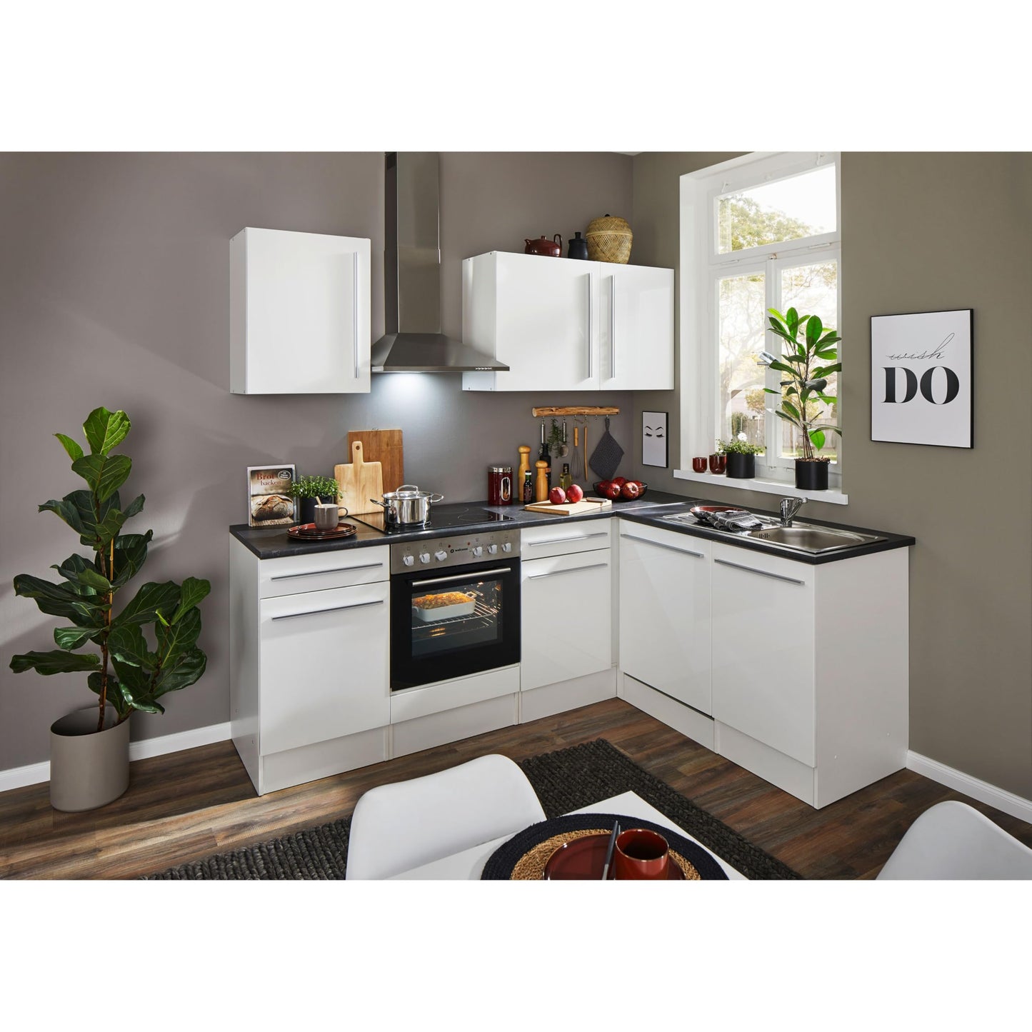 Jazz 8 Modern Corner Kitchen without Electrical Appliances in White High Gloss, Metallic Grey - Spacious Kitchen Unit in L-Shaped with Lots of Storage Space - 220 x 211 x 60 cm (W x H x D)