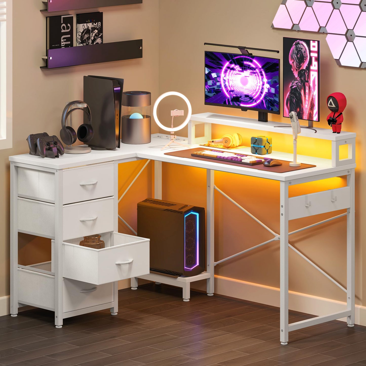 YITAHOME Desk, Reversible Corner Desk with 4 Drawers, L Shape Desk with 2 Sockets and 2 USB Charging Ports, Office Table L Shape with LED, 130 x 100 cm, Corner Table with Monitor Shelf, White