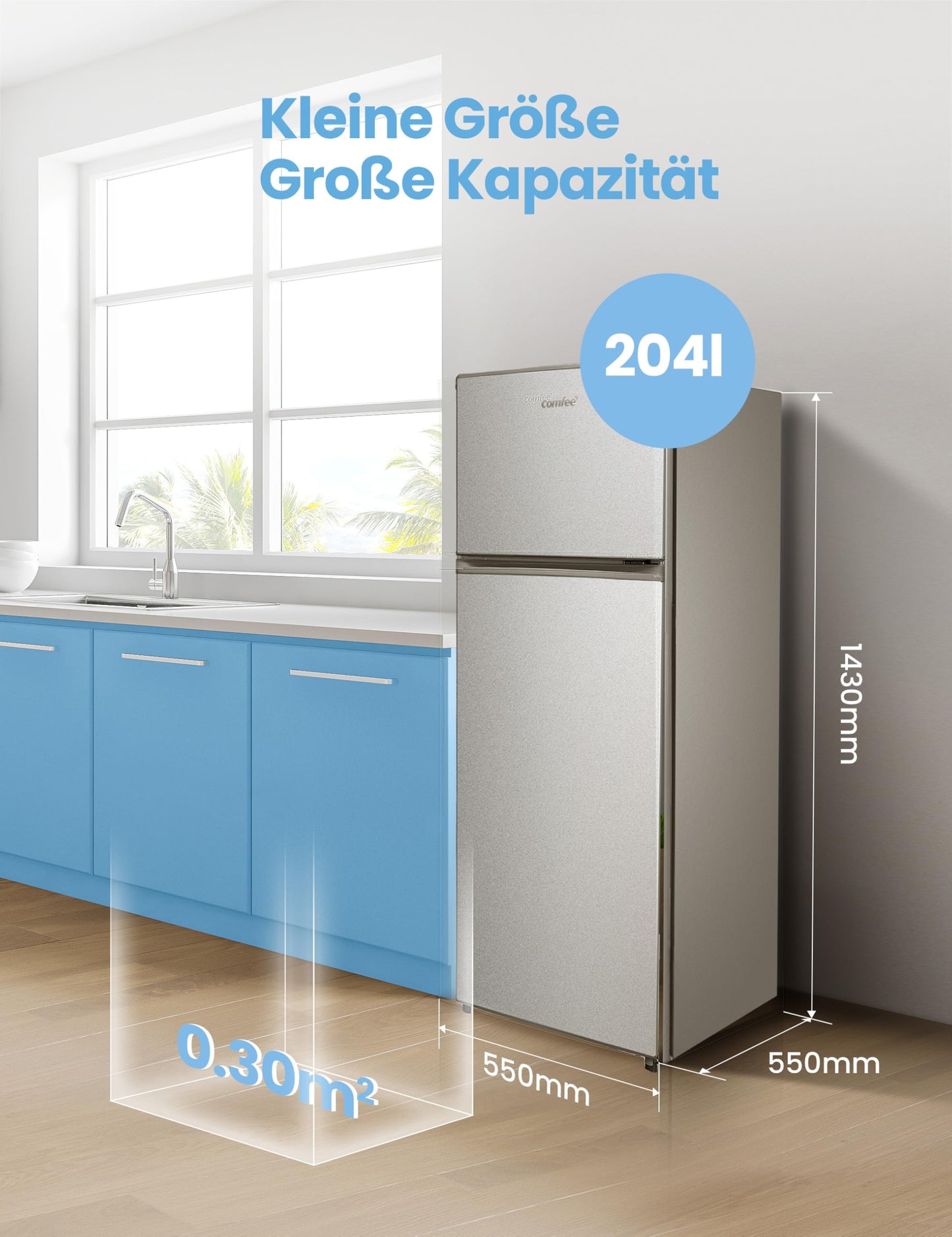 Comfee RCT284DK2A Fridge/Freezer, Top Freezer Compartment, 176 kWh/Year, 143 cm Height, LED Light, Reversible Door Hinge, Black