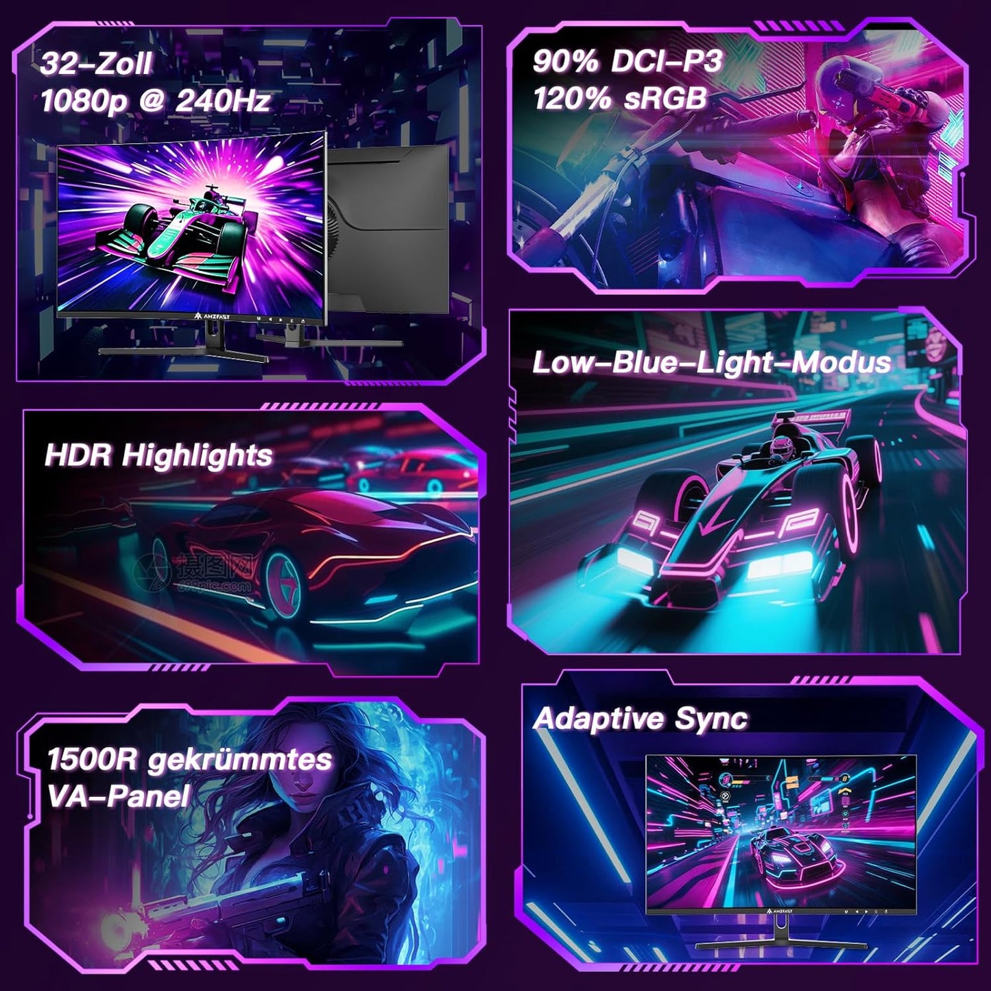 Amzfast 32 Zoll Curved Gaming Monitor (240Hz, 1920x1080, 1ms MPRT, 1500R), Adaptive-Sync, 90% DCI-P3, 120% sRGB, 300cd/m², HDMI 2.0 & DisplayPort 1.4 (AMZG32C3F)