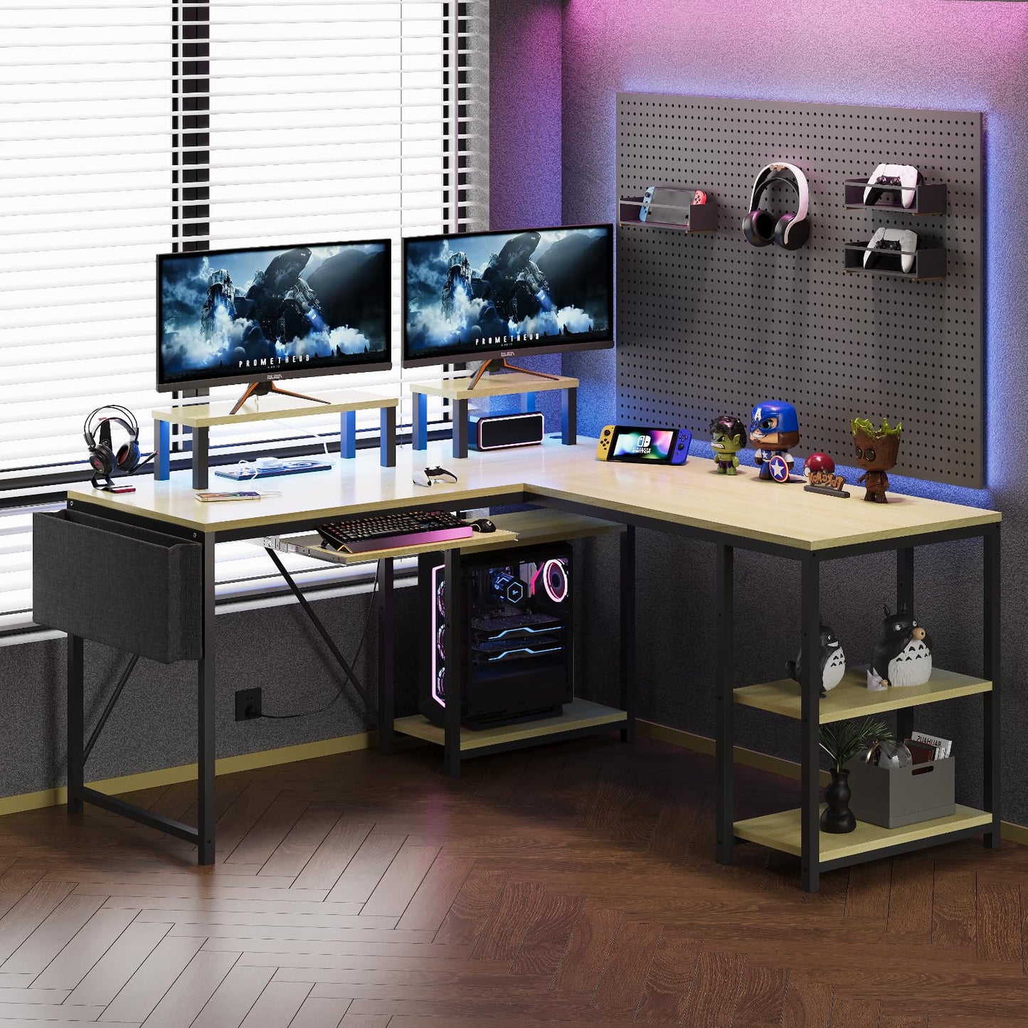Flamaker Gaming Tisch l Form 140x140 cm - Eckschreibtisch mit RGB LED, Monitorständer & Ablagefach | 2 Steckdosen + 2 USB-Anschlüsse (Weiß)