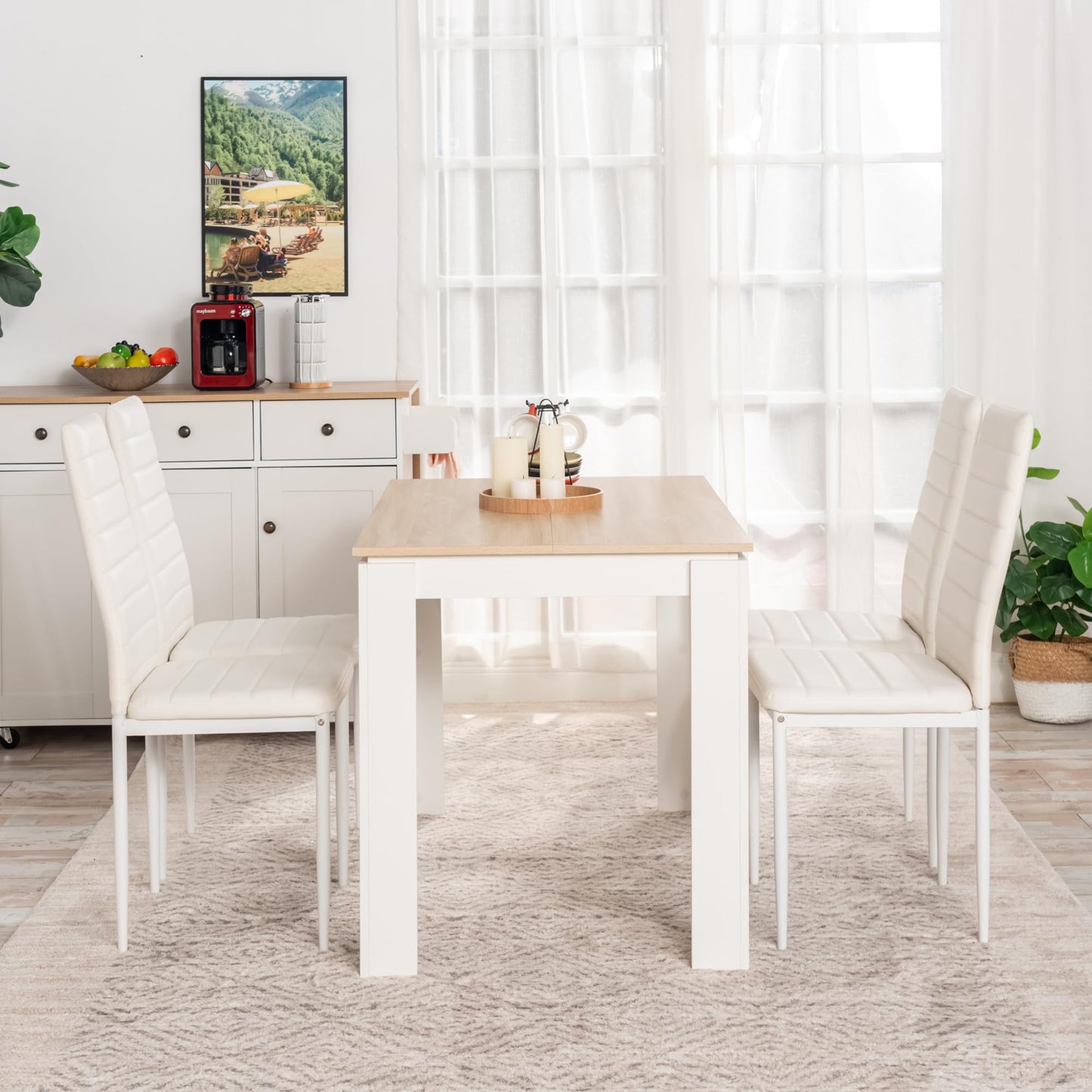 FURNITABLE Esstisch mit 6 Stühlen Esszimmergruppe, Essgruppe mit Hochlehner Kunstleder Stuhl für 6 Personen, Sitzgruppe für Küche Wohnzimmer(160cm Eiche-Weiß Tischbein Tisch+6 Schwarz Stühle)