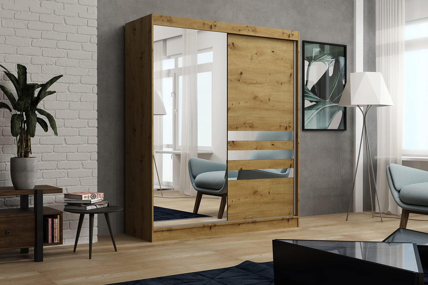 Brent - Kleiderschrank mit Spiegel Henry, 250cm Breit, Schlafzimmerschrank mit 1 Kleiderstange und Einlegeböden für Kleidung, Kleiderschrank Grau