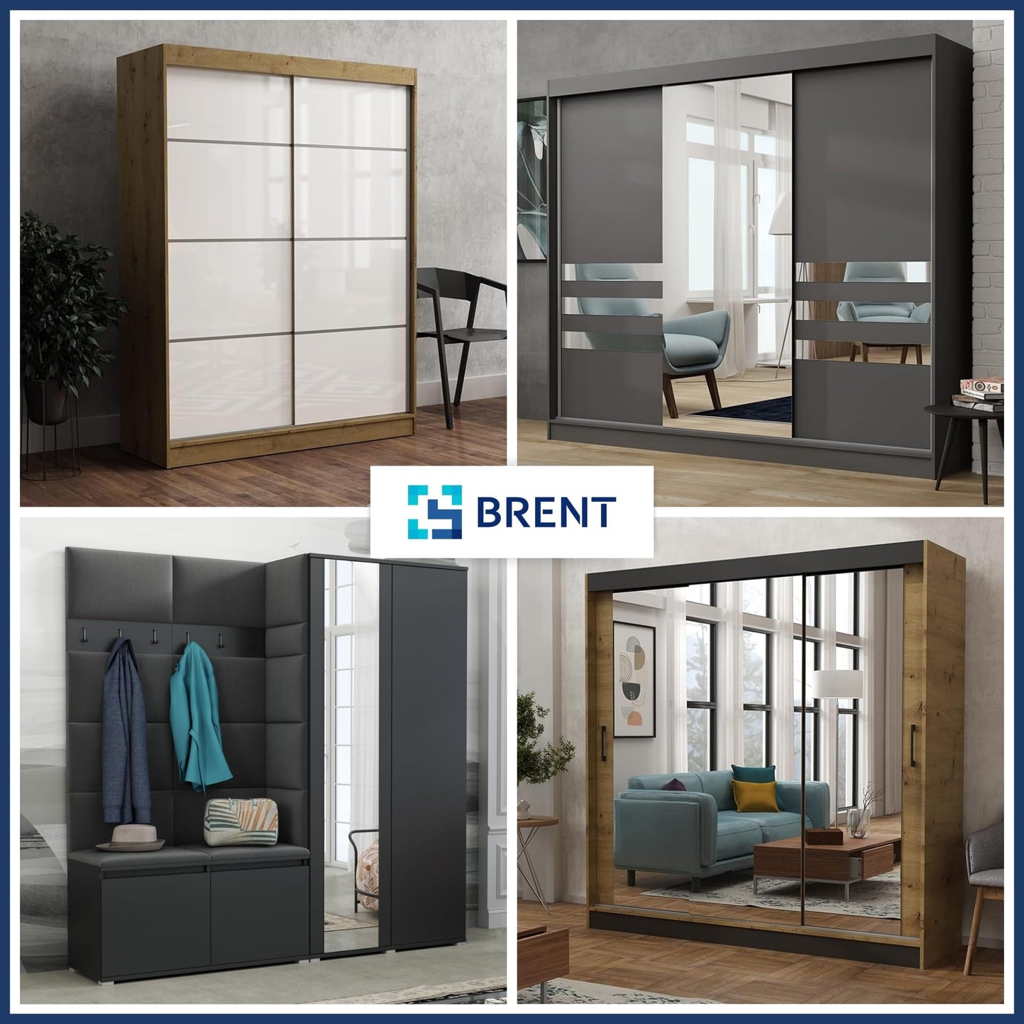 Brent - Kleiderschrank mit Spiegel Henry, 250cm Breit, Schlafzimmerschrank mit 1 Kleiderstange und Einlegeböden für Kleidung, Kleiderschrank Grau