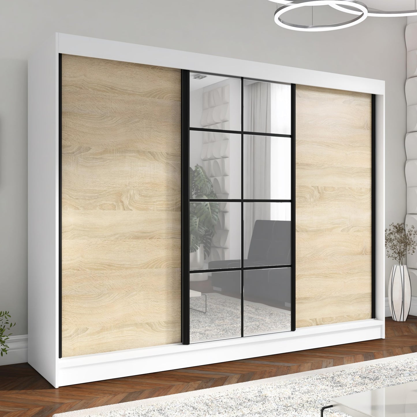 A&J MöbelLand Oravelle Sliding Door Wardrobe 3 Doors with Drawers and Mirror 200 cm (Black)