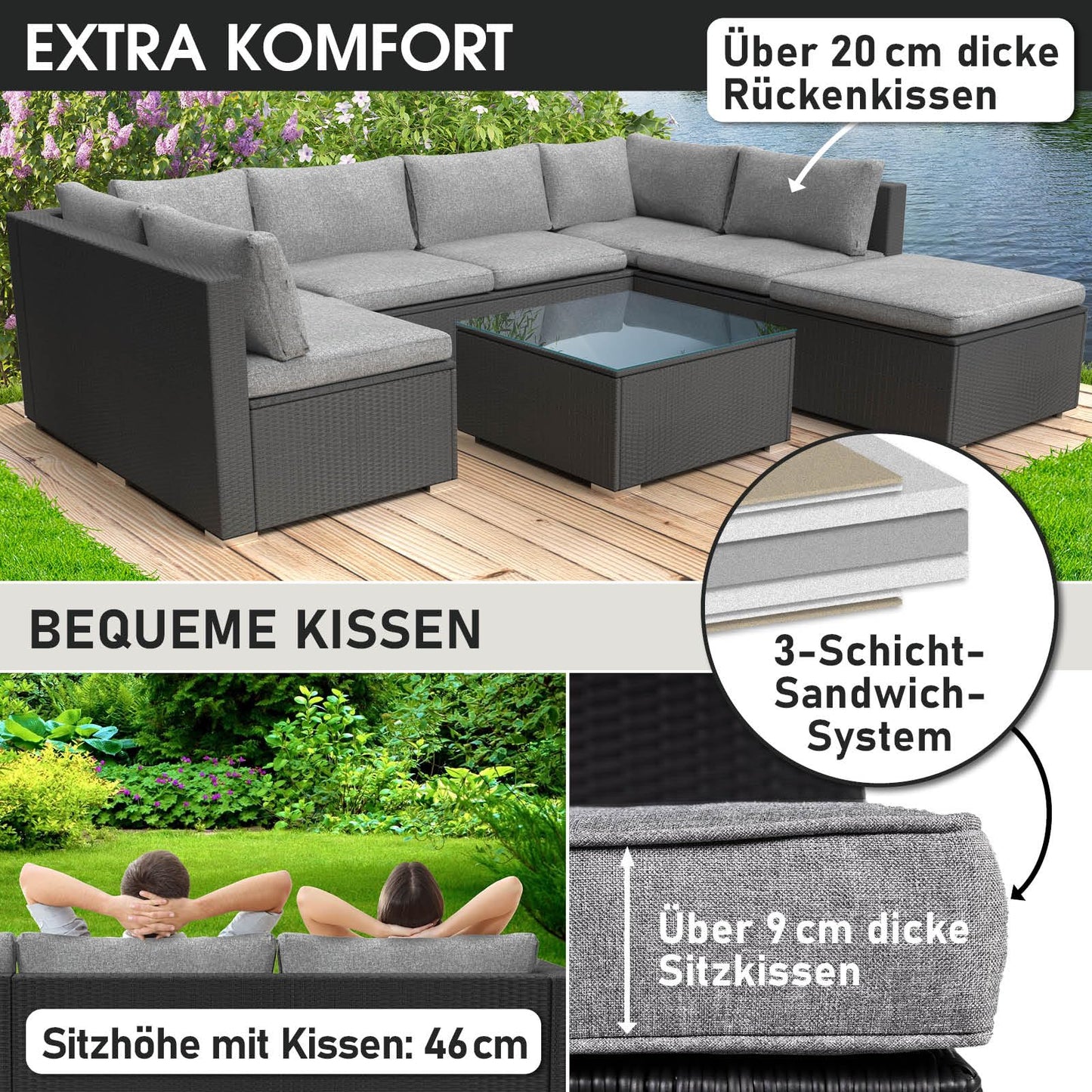 BRAST® Gartenmöbel Lounge Set | 4-5 Personen viele Modelle & Farben | inkl. extra Dicke Kissen | TÜV geprüft | Outdoor Loungemöbel Sitzgruppe Essgruppe Garnitur | Harmony Schwarz