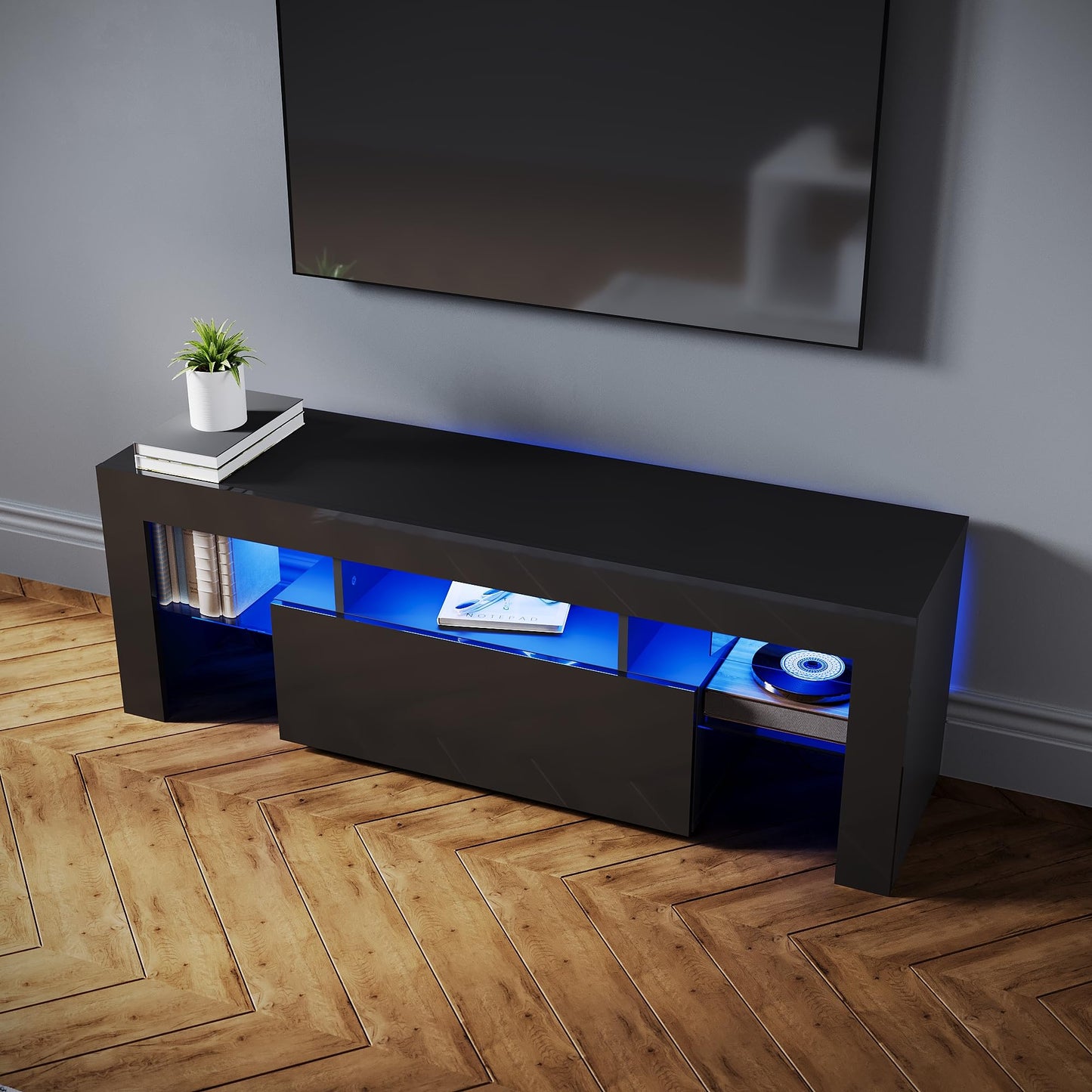 SONNI Modern TV Cabinet 180 cm, Lowboard High Gloss White with 16 Colours LED Lighting, Drawer, Open Glass Shelves, TV Stand for TVs up to 65 Inches, Living Room & Bedroom, 180 x 35 x 45 cm