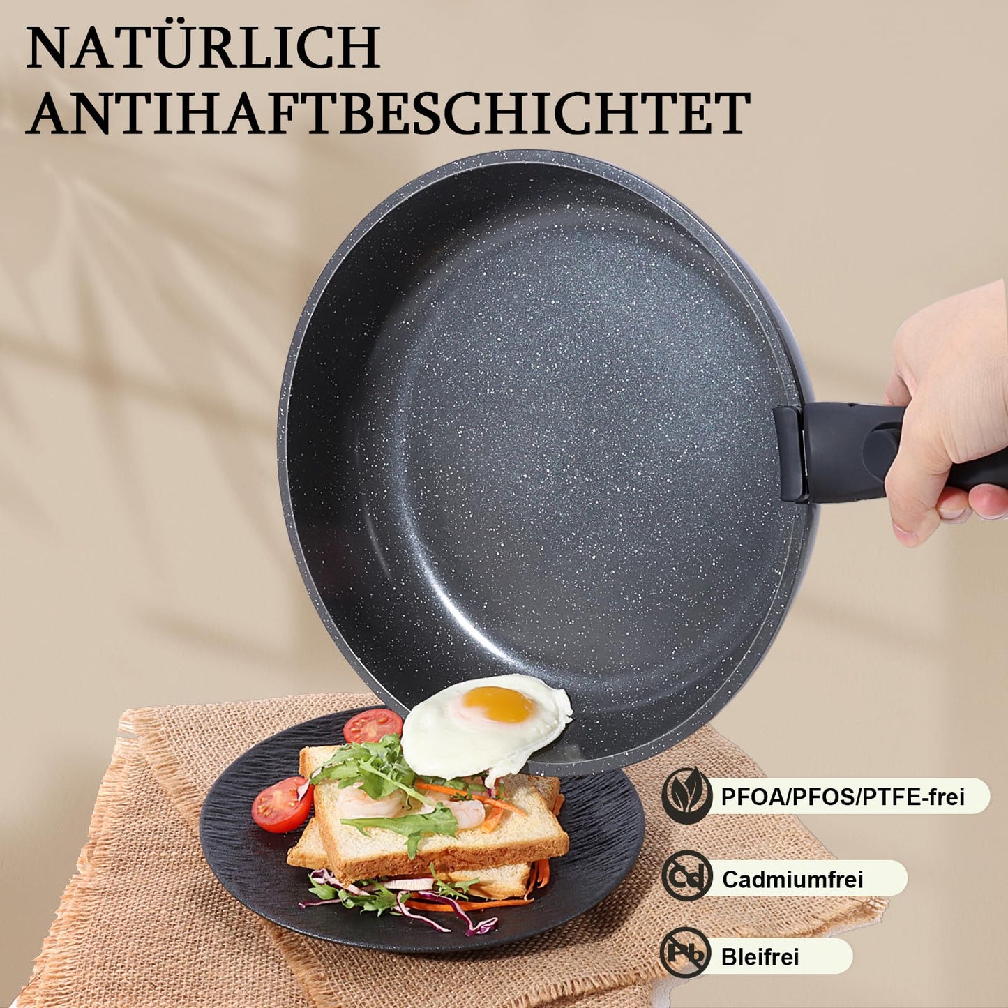GiPP Keramik Topfset mit Abnehmbarer Griff, 5-Teilig Topf und Pfannenset mit Antihaft Beschichtet, Topfset Induktion Kochtopf Set, Backofenfest, für Alle Herdarten, PTFE/PFOA-frei, Schwarz