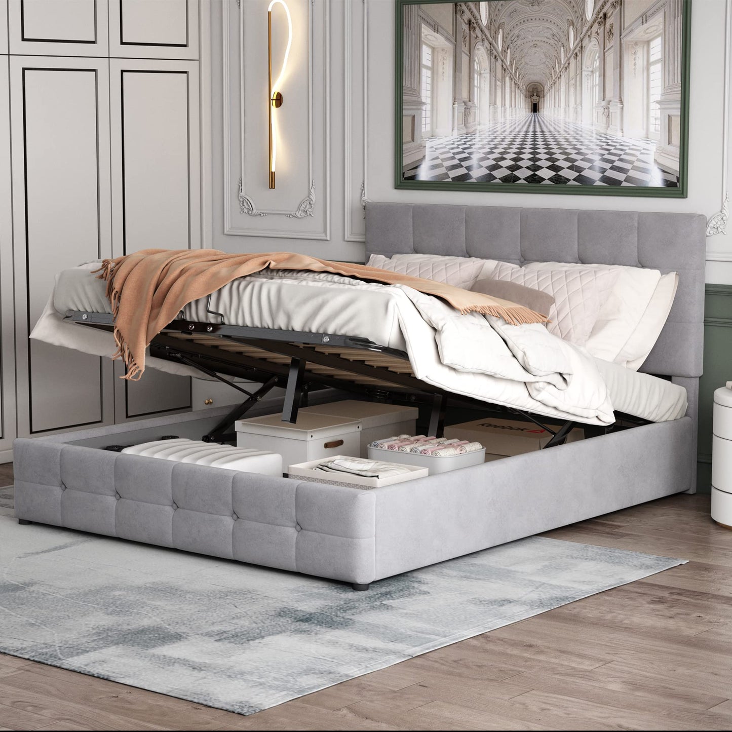 Gegtuon Upholstered Bed 140 x 200 cm, Double Bed with Headboard, Storage Bed Youth Bed with Hydraulic Storage Space Underbed, Functional Bed, Guest Bed, Bed Frame, Slatted Frame, Without Mattress,