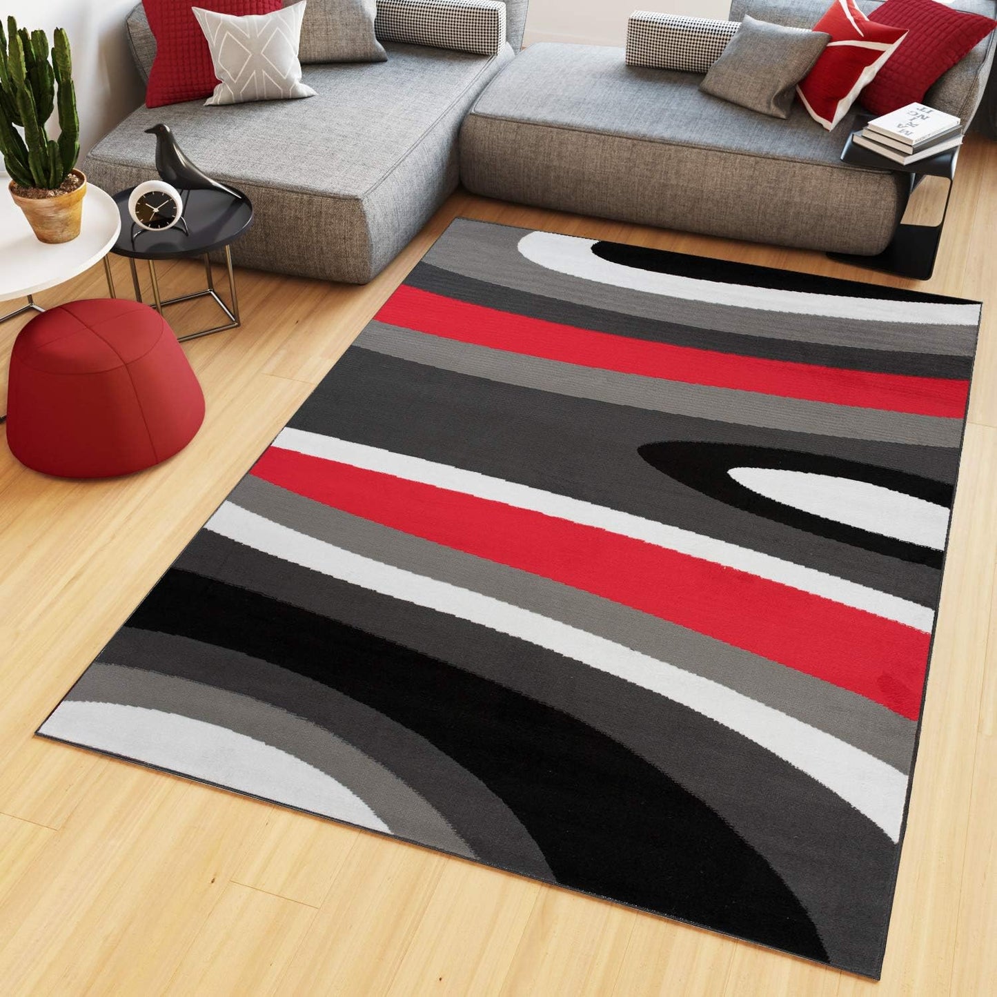 TAPISO Maya Short Pile Rug, Modern Blurred/Heathered/Striped Design, Black/Grey/Red/White, for Living Rooms, Bedrooms, OEKO-TEX, 200 x 300 cm