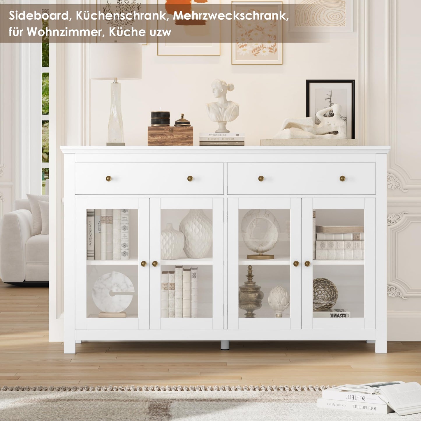 FirFurd Sideboard 140 cm Wide Kitchen Cabinet with Worktop Sideboard for Kitchen Living Room Buffet Cabinet with 2 Drawers and 4 Glass Doors Kitchen Buffet with Adjustable Shelf 140 x 90.7 x 40 cm