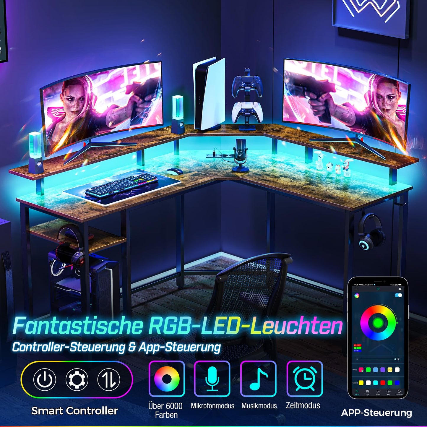 Rolanstar Schreibtisch L Form mit LED & Steckdosen, 117 cm Computertisch mit Monitorständer & Ablagefläche, Reversibler Eckschreibtisch mit 2 Haken, perfekt für Arbeitszimmer Schlafzimmer Büro