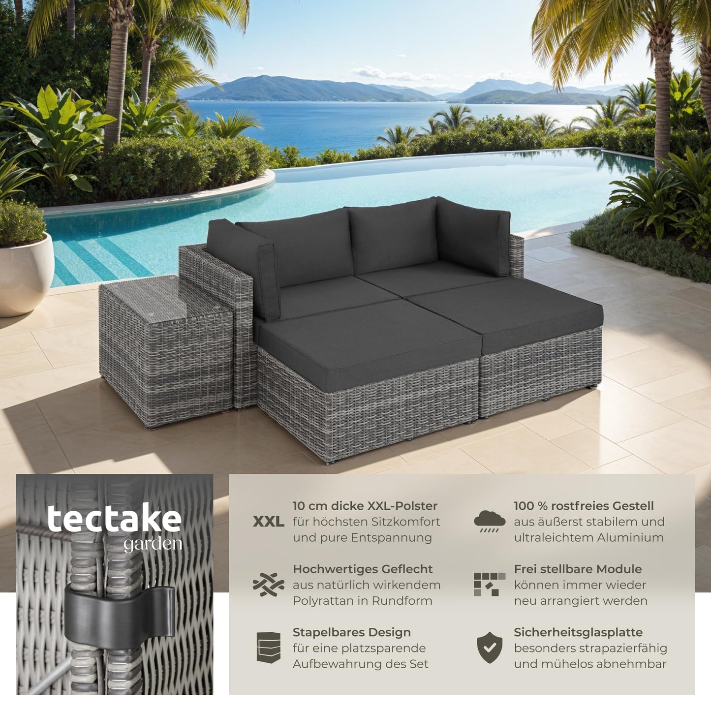 tectake® Luxus Rattan Lounge Set Outdoor, modulares Sofa mit Couch Tisch und Hocker, Balkon Möbel, Garten, Terrasse, Gartenmöbel Set wetterfest, Balkon Lounge, Gartenlounge - Natur