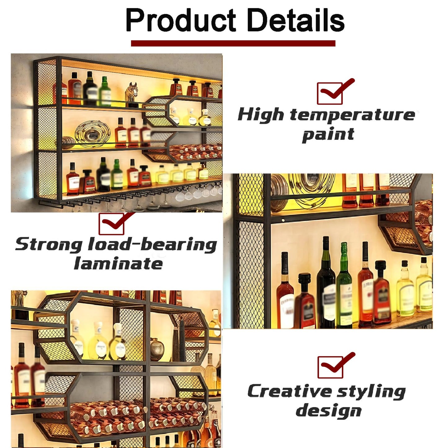 FKKPRVAX Wandmontiertes Weinregal mit LED Glashalter, 4 stöckiges Metall Wandmontage Wine Display Ständer, Wand Flaschenregal für Bar-Einheiten, Restaurants und Zuhause (240×125×25cm)