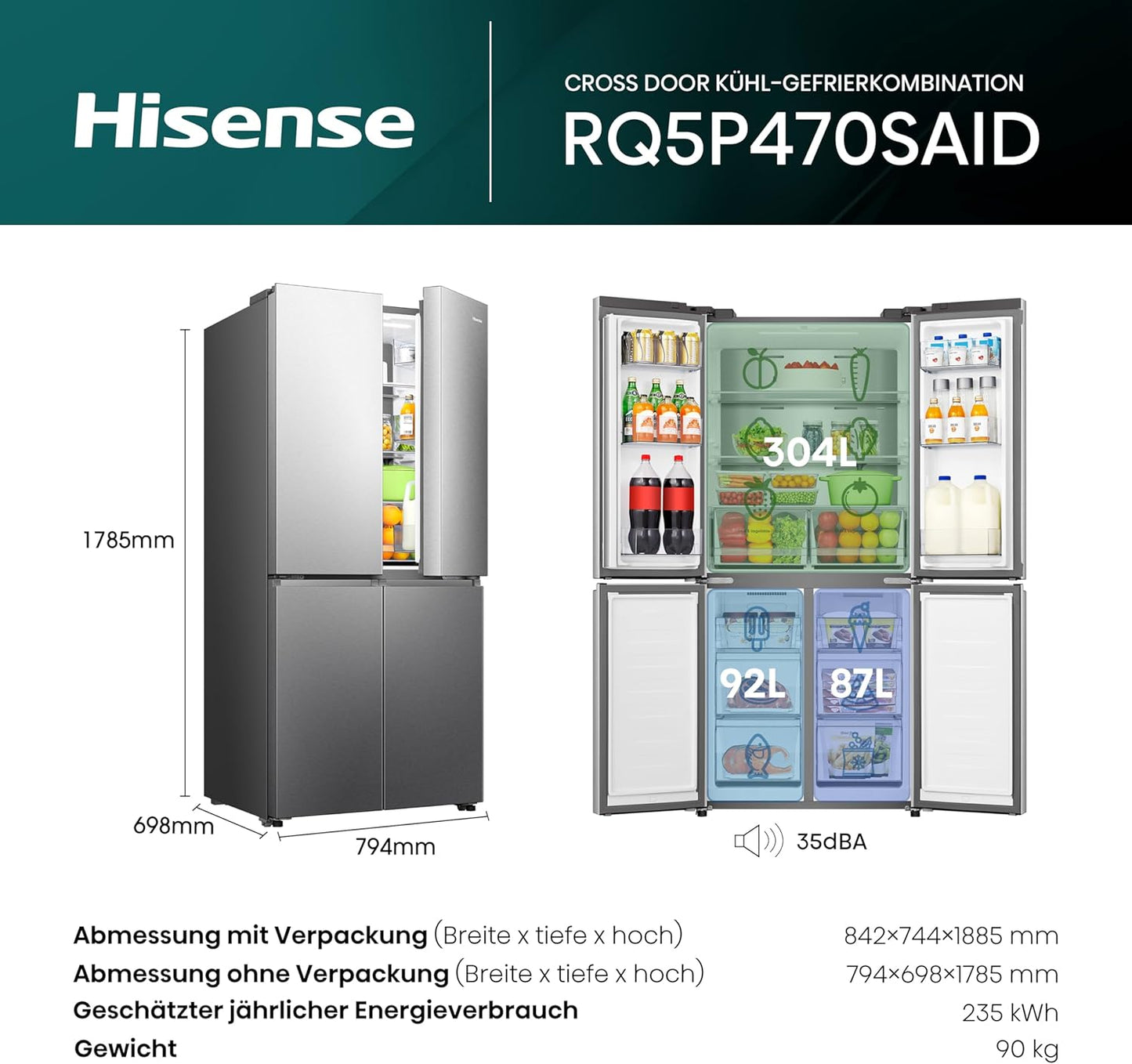 Hisense RQ5P470SAID Cross-Door Fridge-Freezer, 304 Litre Fridge Capacity, 179 Litre Freezer, Total NoFrost, Wifi, Multi AirFlow, FastFreeze, Energy Efficiency Class D, 178.5 cm x 79.4 cm