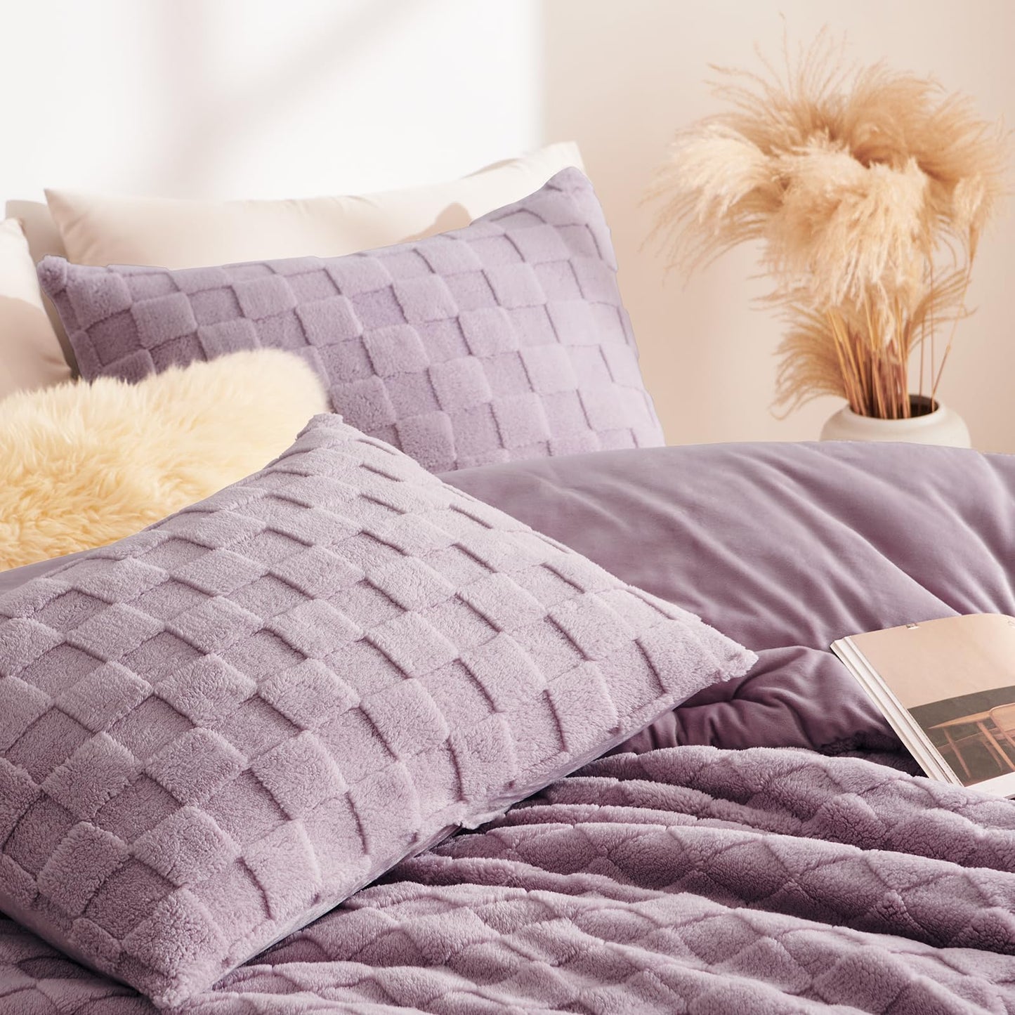 CozyLux Queen Size Comforter Set Blush Pink, Fluffy Plush Fleece Comforter with Checkered Pattern, Farmhouse Boho Soft Warm Bed Set, 3 Pieces, 1 Comforter and 2 Pillowcases