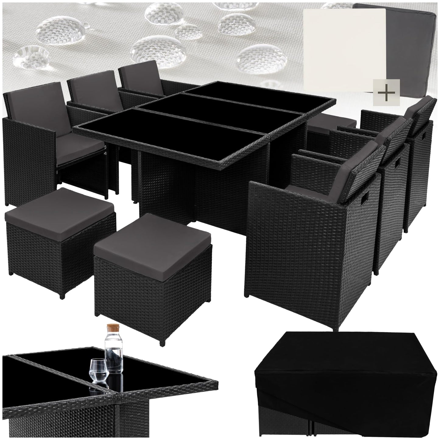 tectake Polyrattan Gartenmöbel Set, Sitzgruppe mit 6 Stühle +1 Glasplatte Tisch + 4 Hocker, Gartenlounge Set klappbar, für bis zu 10 Personen, Balkon Möbel, inkl. 2 Bezugsset - Natur