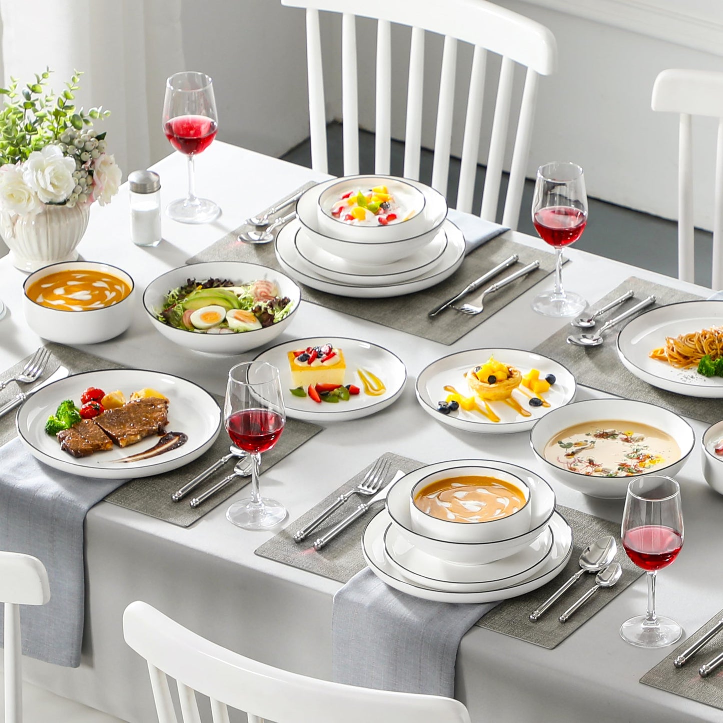 MALACASA Geschirrset 6 Personen, LUNA 24-tlg Tafelservice aus Weißem Porzellan, Modernes Geschirr Set mit je 6 Speiseteller, Dessertteller, Suppenteller und Müslischalen