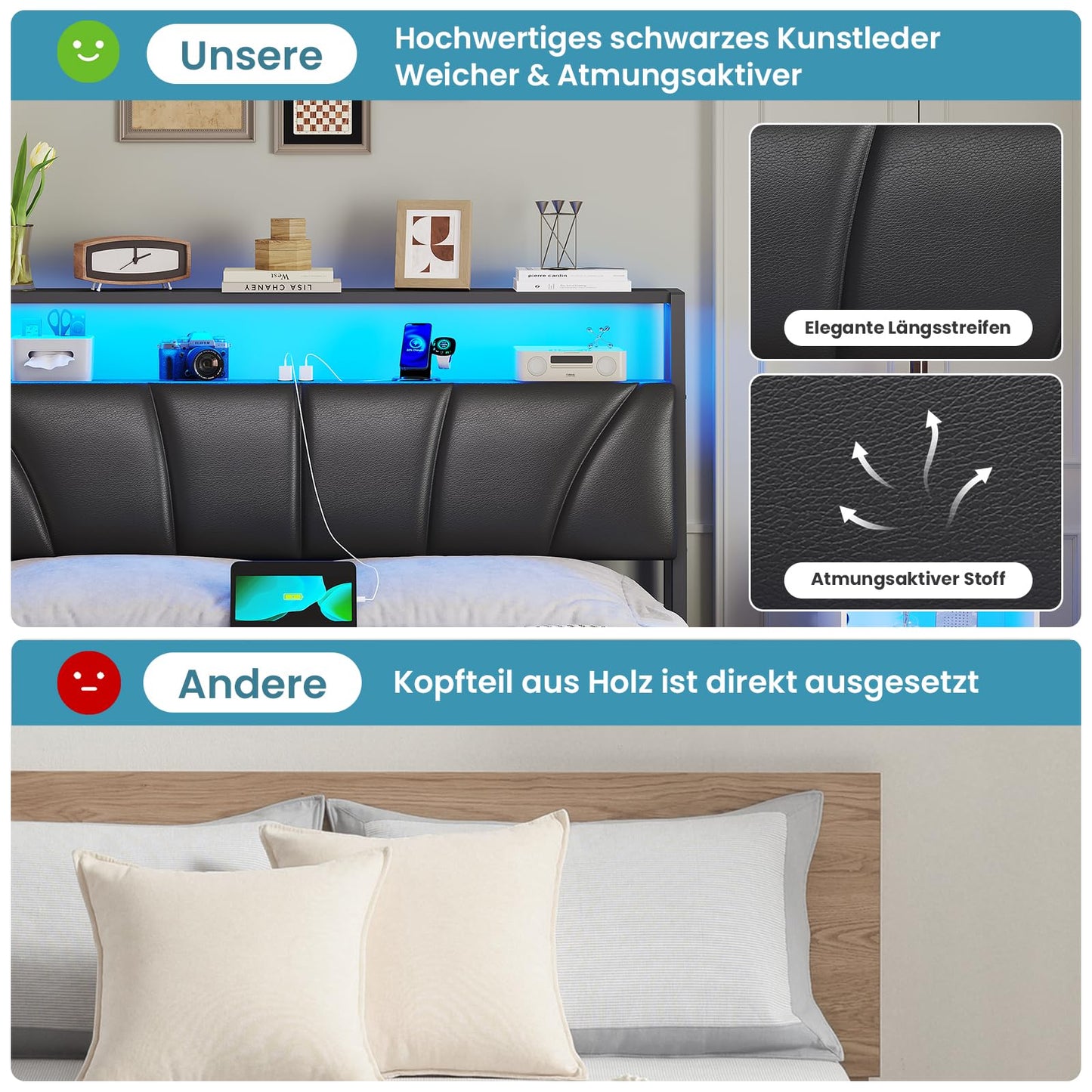 Brinlawb Bed 140 x 200 cm with Metal Slatted Frame, Bed Frame 140 x 200 cm with LED Lighting, Metal Bed 140 x 200 cm with Headboard and Charging Station (2 AC Sockets, 2 USB Ports), Youth Bed, Double